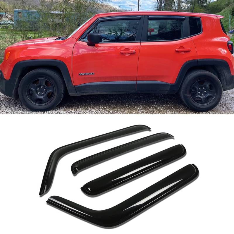 STARTSHIP 94368 Seitenfensterblenden Windabweiser, 4 Stück Außenmontage Klebeband Schöne Sonne Regenschutz Set passend für 2015–2022 Jeep Renegade, Dark Smoke Fensterschirm von STARTSHIP