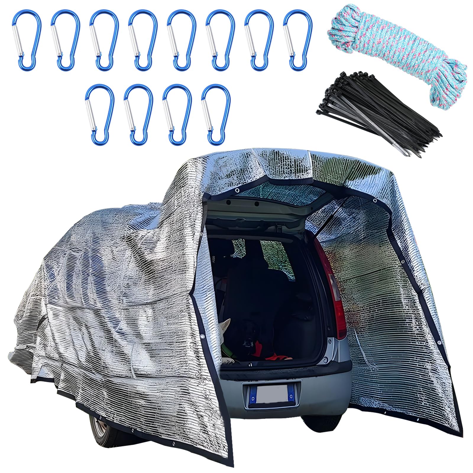 Schattennetz Auto für Hunde 3x4 m – 12m² Sonnensegel 85% UV Hitzeschutz Auto Sonnenschutz Plane,Hitzeschutz Haube für Tiere, mit Nylon-Seil 10mx2, Karabinerx12, Kabelbinder x100 von STEEIRO