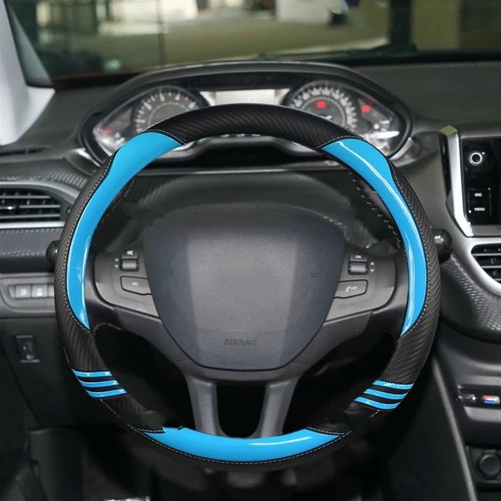 STOIFFFHH Auto Innenraum Kompatibel Mit Peugeot Für 208 2012~2018 Für 308 2014~2021 Auto-Lenkradabdeckung Aus Kohlefaser PU O-Form(Blue) von STOIFFFHH