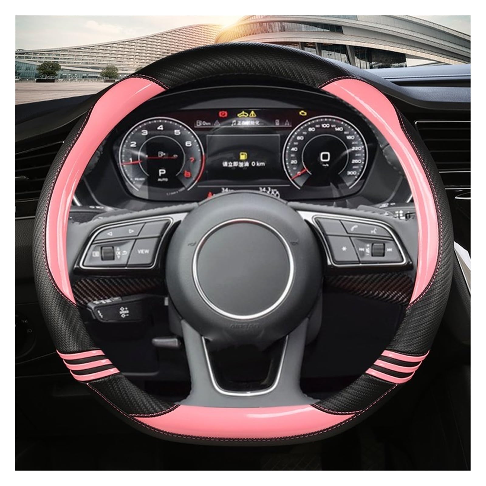 STOIFFFHH Auto Innenraum Kompatibel mit A1 A3 A4 A5 A6 A7 A8 Q2 Q3 Q5 Q7 Q8 S4 S3 S5 S6 S8 Kohlefaser PU Auto Lenkradbezug 38 cm Autozubehör(Pink D Shape) von STOIFFFHH