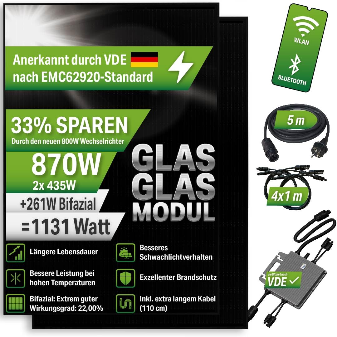 Energy 870W Balkonkraftwerk Komplettset mit 2x 435W PV-Modul - TSUN Wechselrichter 800W inkl. Wifi-Funktion - 5m Schukokabel + 4x 1m Solarkabel – 25Jahre Material und 30Jahre Leistungsgarantie von STROXX