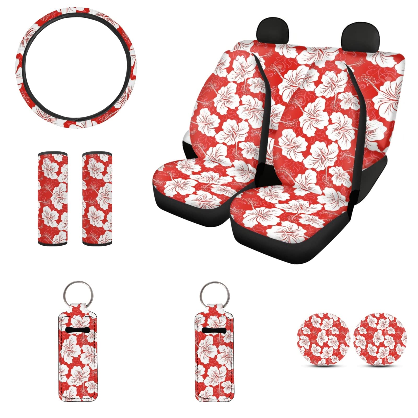 STUOARTE 11 Stück Blume Hibiskus Autositzbezug Komplettes Set für Damen Herren Auto Vordersitzbezüge Universal Lenkradbezug Sicherheitsgurtpolster mit Chapsticks und Auto-Untersetzern von STUOARTE