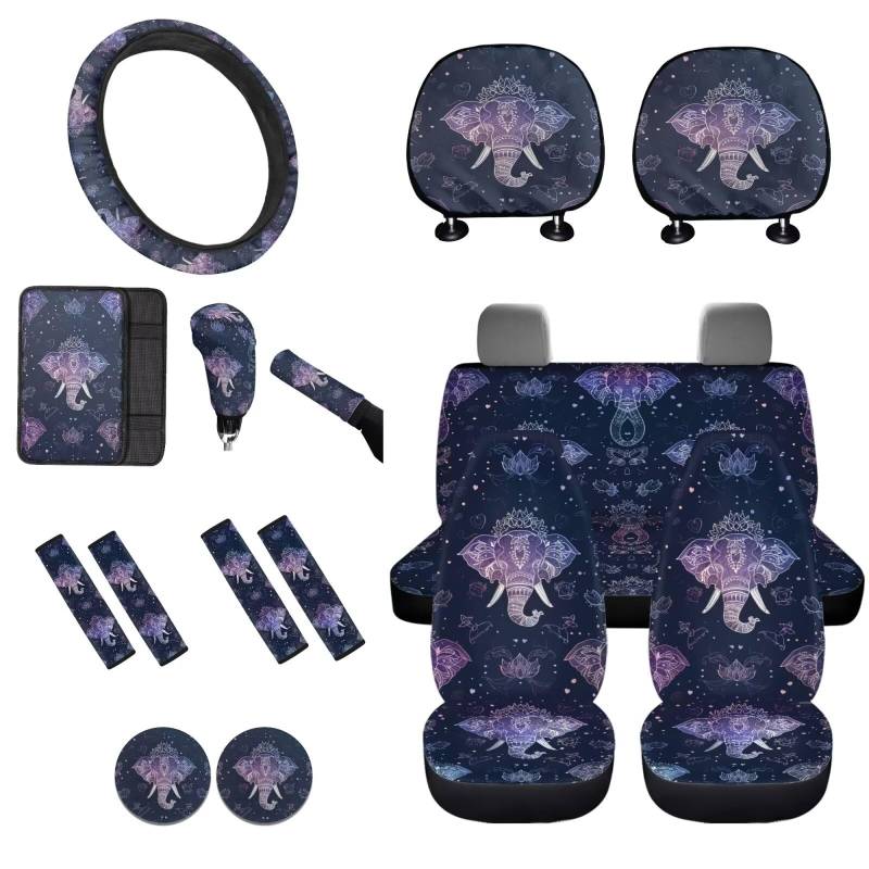 STUOARTE 16 Stück Autositzbezug Vollständiges Set, Boho Elefant Druck Auto Vordersitzbezug mit Lenkradbezug Armlehnenbezug Sicherheitsgurtbezug Schaltknauf Abdeckung Handbremsbezug Universal Fit von STUOARTE