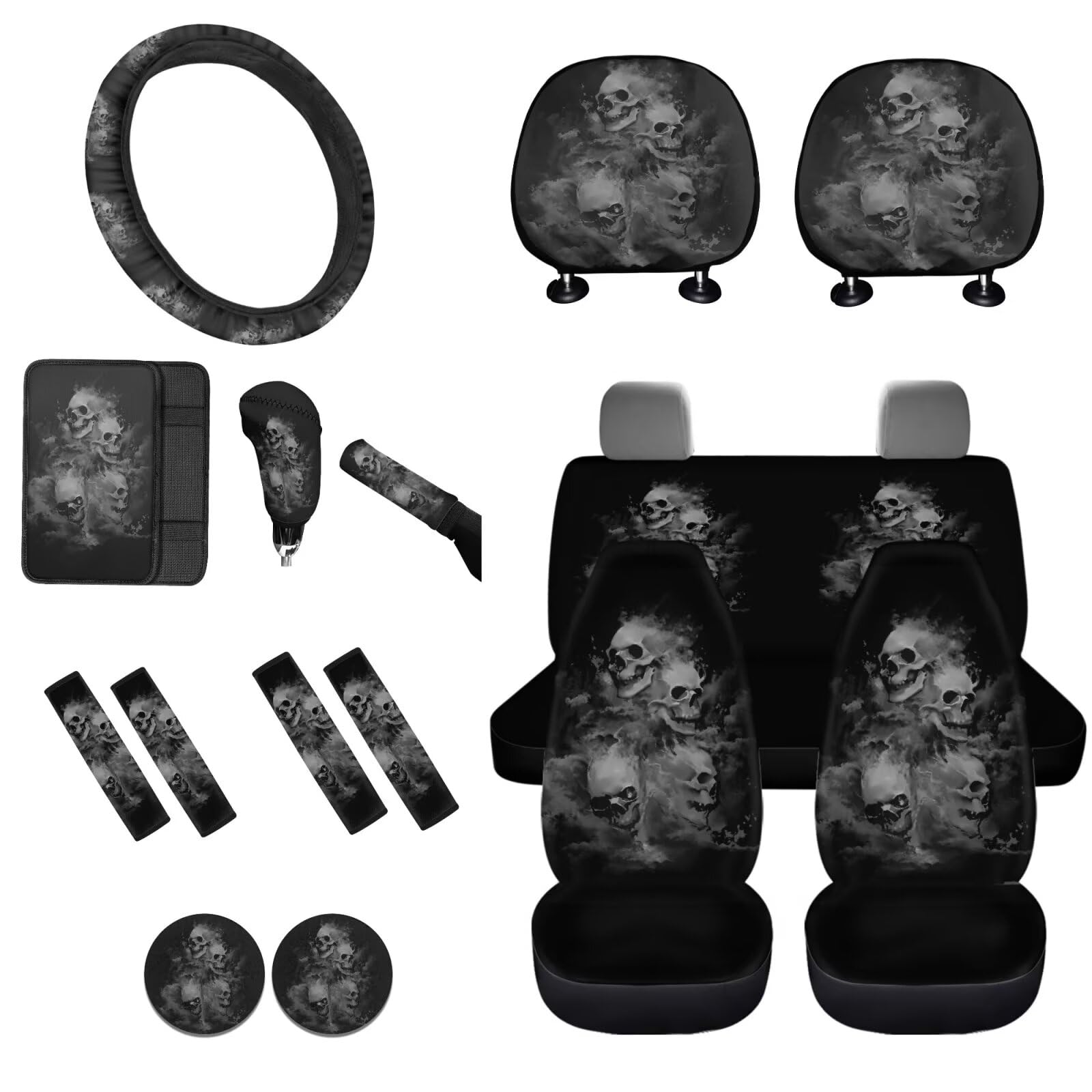 STUOARTE 16 Stück Autositzbezug Vollständiges Set, Totenkopf-Druck, Auto-Vordersitzbezug mit Lenkradbezug, Armlehnenbezug, Sicherheitsgurtpolster, Schaltknaufbezug, Handbremsbezug, Auto-Untersetzer, von STUOARTE