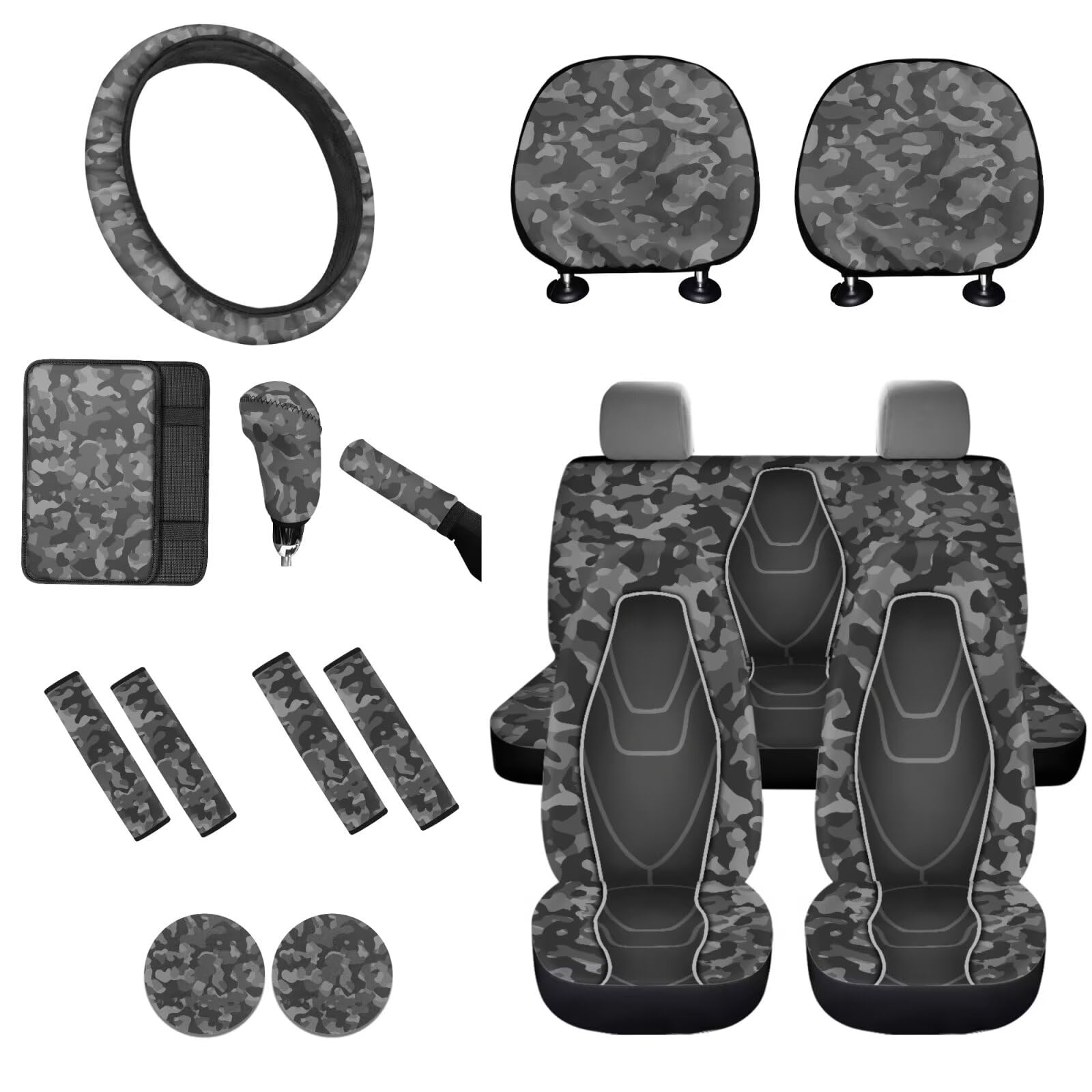 STUOARTE 16 Stück Camouflage-Druck, Autositzbezug, komplettes Set, Vordersitzbezug, Lenkradbezug, Armlehnenbezug, Sicherheitsgurtbezug, Schaltknauf, Handbremsbezug, Auto-Untersetzer, universell von STUOARTE