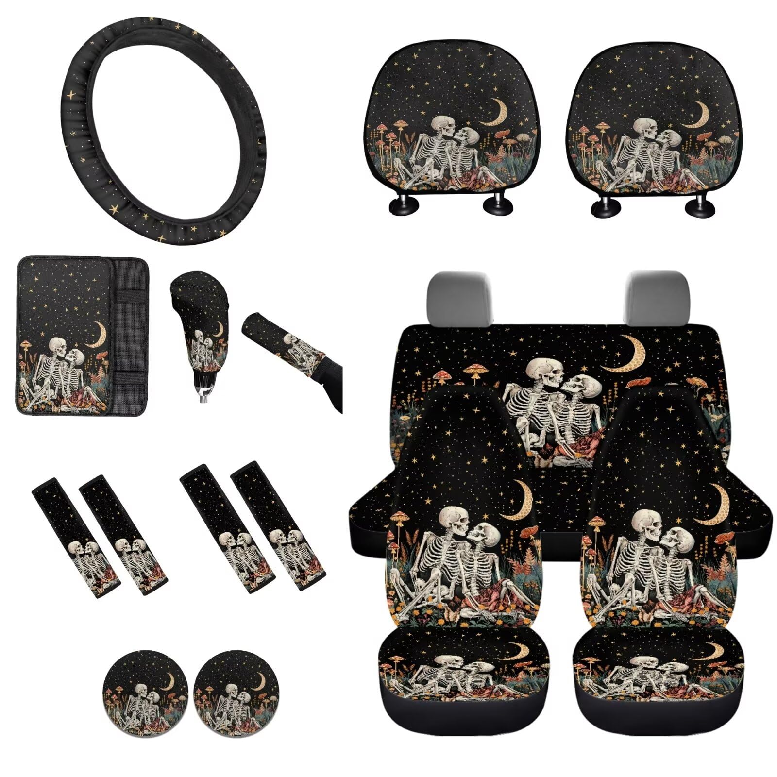 STUOARTE 16-teiliges Auto-Innenbezug-Set, Totenkopf-Mond-Pilz, bedruckt, universal, Vordersitzbezug mit Lenkradbezug, Armlehnenbezug, Sicherheitsgurtbezug, Schaltknauf, Handbremsenbezug von STUOARTE