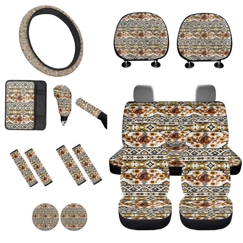 STUOARTE 16-teiliges Auto-Innenbezug-Set für Damen, Pferde-Sonnenblumen-Azteken-Druck, Vordersitzbezug mit Lenkradbezug, Armlehnenbezug, Sicherheitsgurtbezug, Schalthebelbezug, Handbremsenbezug, von STUOARTE