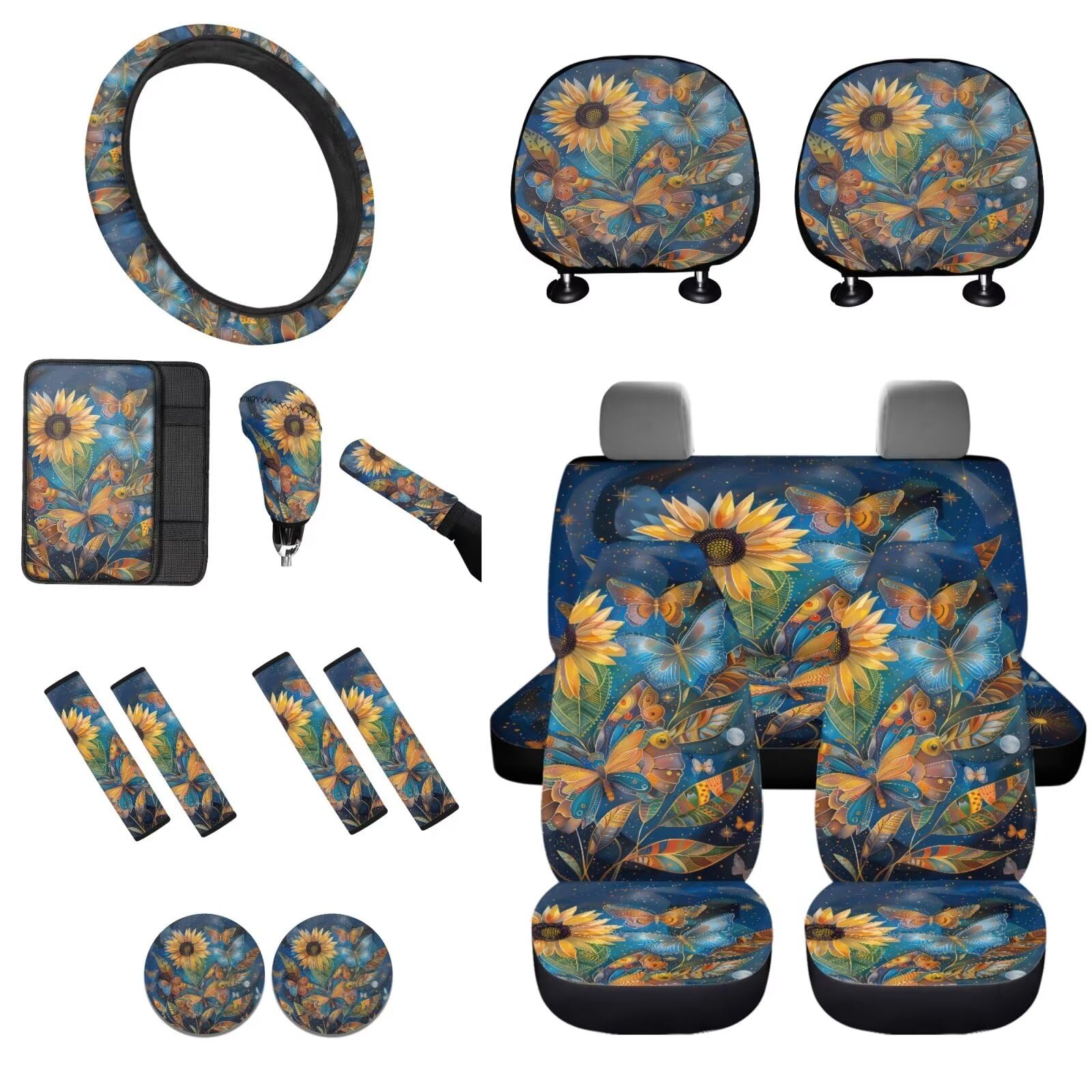 STUOARTE 16-teiliges Autositzbezüge, komplettes Set, Schmetterlings-Sonnenblumen-Druck, Autobezug für Vordersitz, Lenkrad, Armlehne, Sicherheitsgurtbezug, Schaltknauf, Handbremsbezug, universelle von STUOARTE