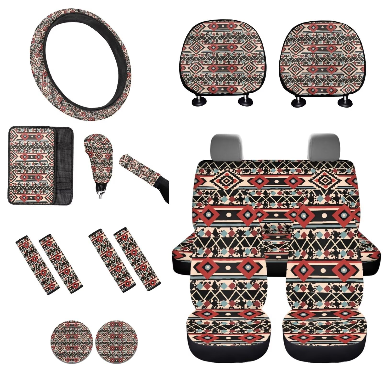 STUOARTE 16-teiliges Autositzbezug-Set, Kuh-Azteken-Druck, Vordersitz mit Lenkradbezug, Sicherheitsgurtbezüge, Mittelkonsole, Armlehne, Schalthebelbezug, Handbremsabdeckung, Auto-Untersetzer von STUOARTE