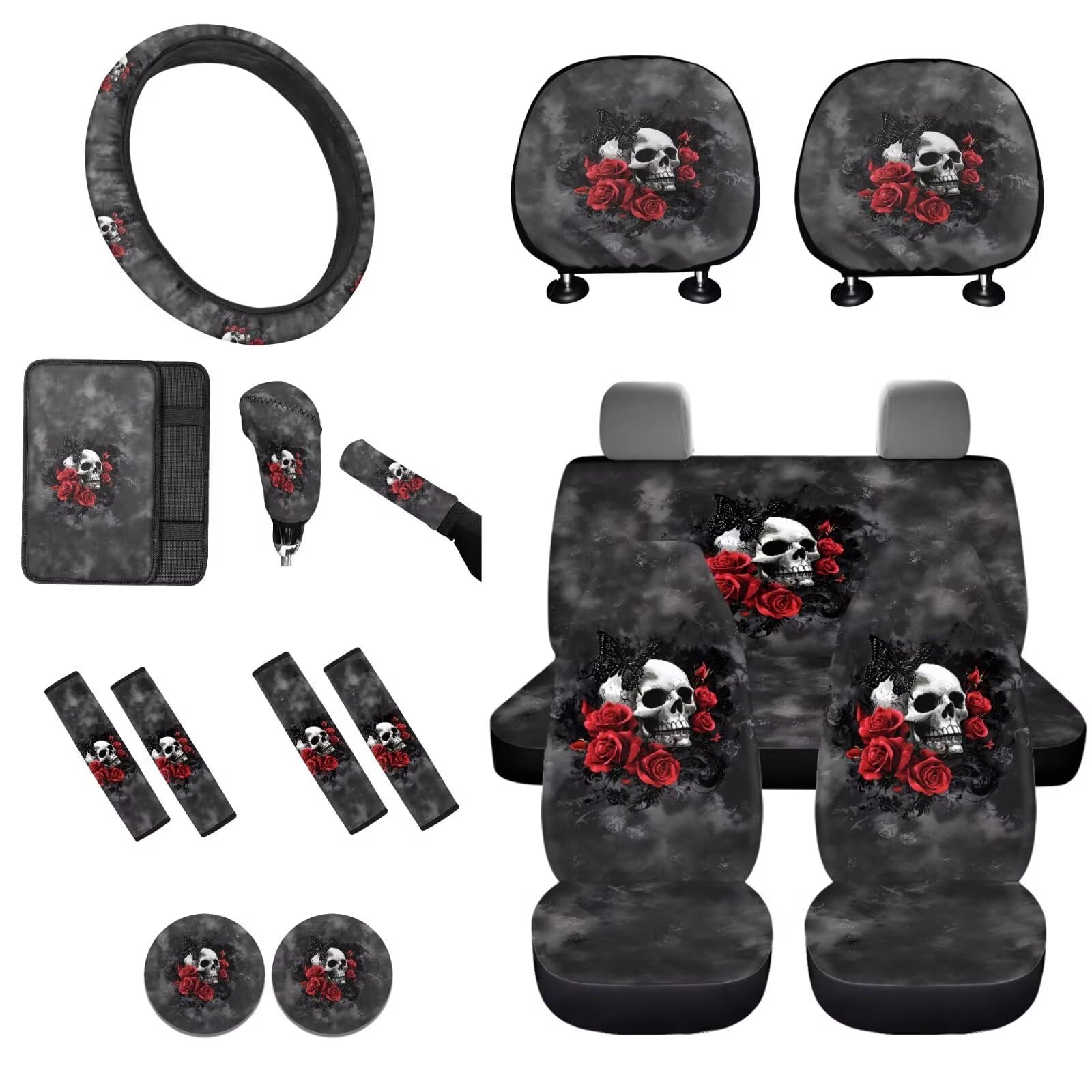 STUOARTE 16-teiliges Autositzbezug-Set, Totenkopf-Rosen-Druck, Vordersitzbezug, Lenkradbezug, Armlehnenbezug, Armlehnenbezug, Untersetzer, universell passend für die meisten Autos, SUVs, LKWs von STUOARTE