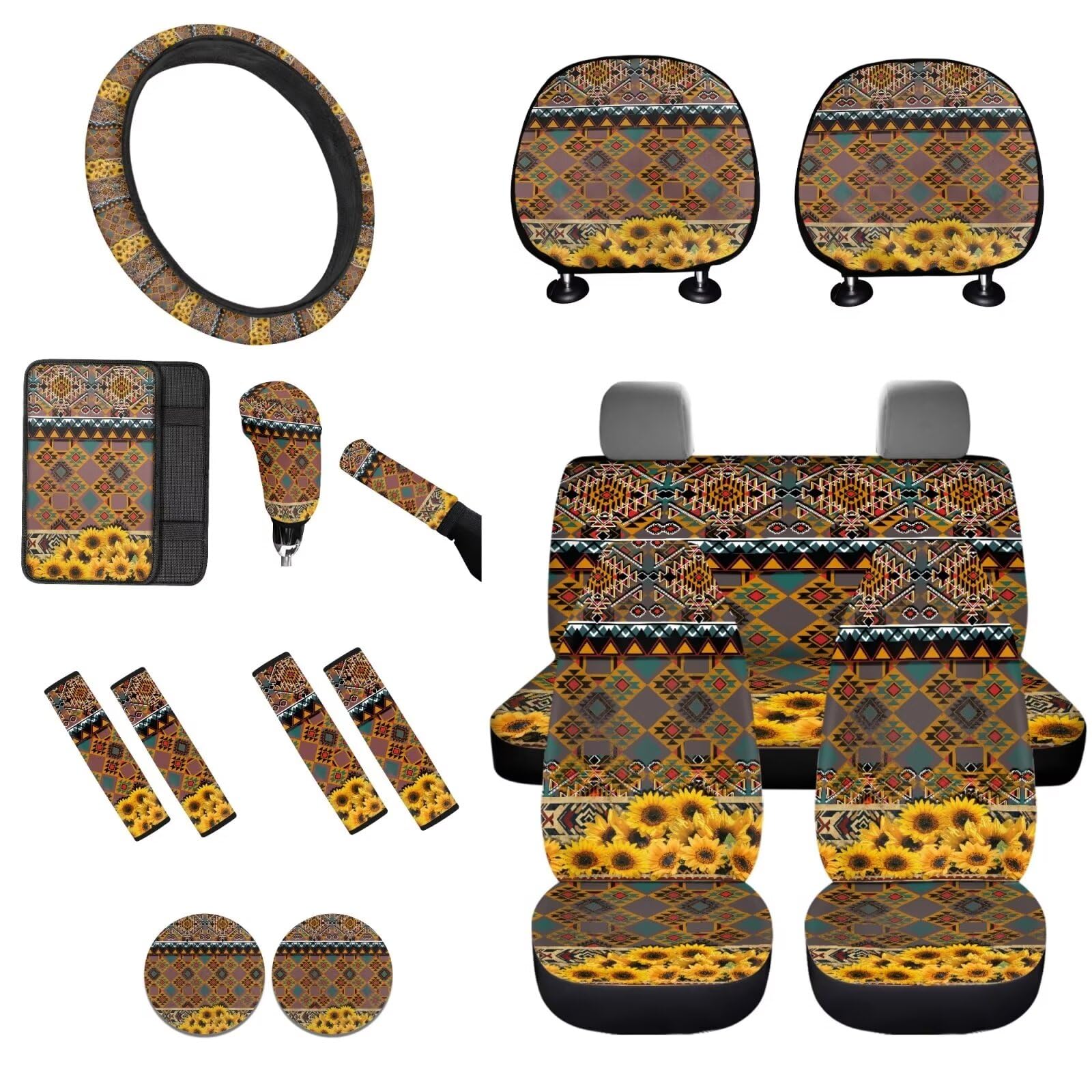 STUOARTE 16-teiliges Autositzbezug-Set für Damen, Azteken-Sonnenblumen-Druck, Autositzbezug, komplettes Set mit Lenkradbezug, Sicherheitsgurtbezügen, Armlehnenbezug, Schalthebelbezug, von STUOARTE