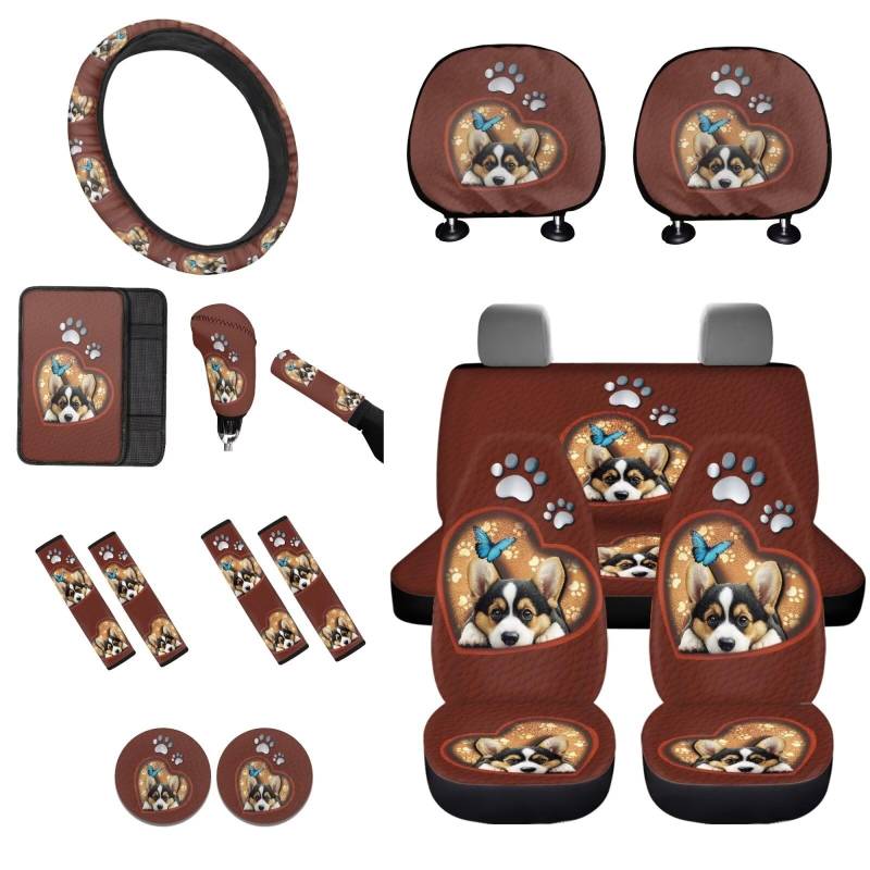 STUOARTE 16-teiliges Autozubehör-Set, Corgi Paw Butterfly Print Universal Autositzbezug Vollständiges Set für Auto LKW SUV Lenkradbezug Sicherheitsgurtpolster Armlehnenbezug Schaltbezug von STUOARTE