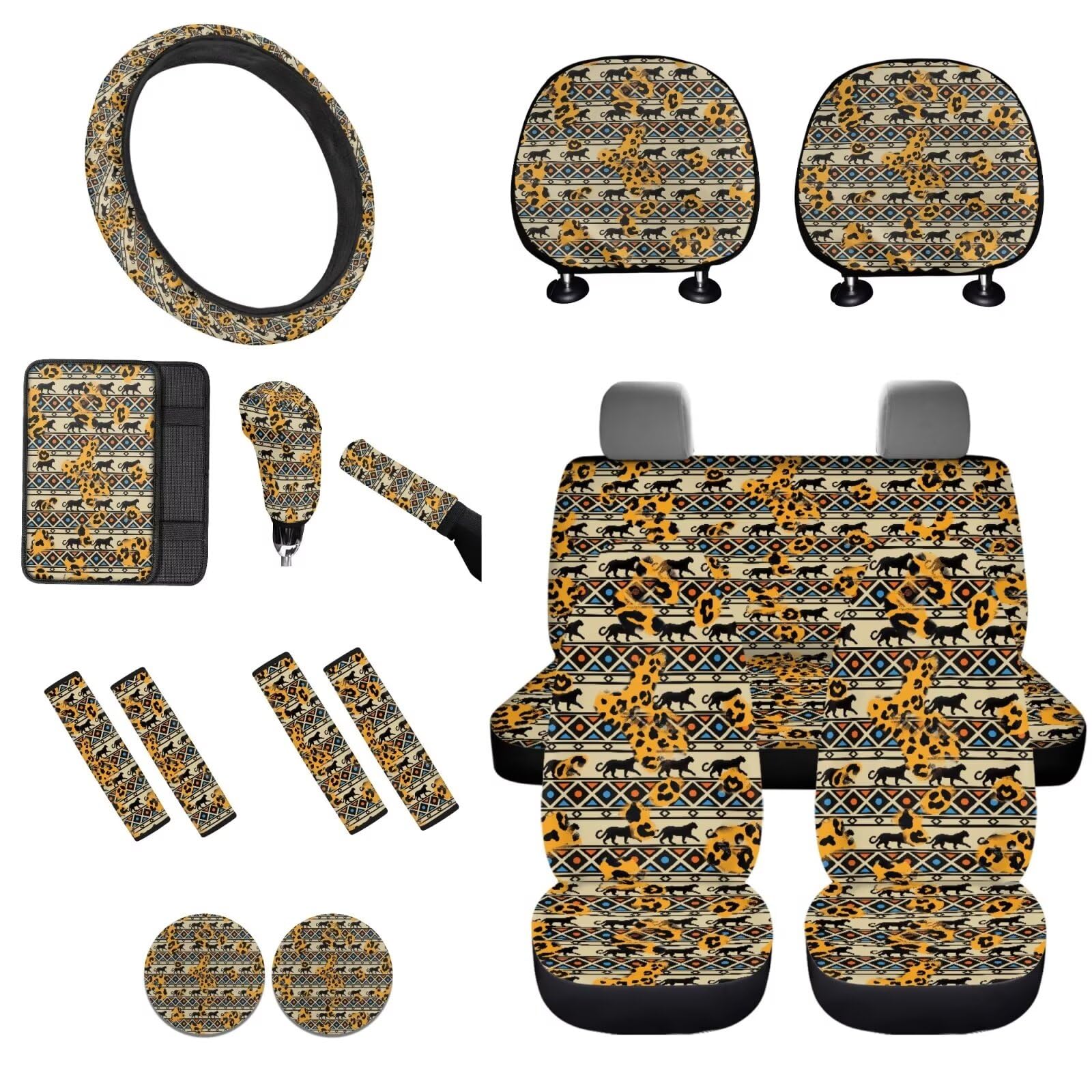 STUOARTE 16-teiliges Autozubehör-Set, Leoparden-Azteken-Druck, universeller Autositzbezug, vollständiges Set für Auto, LKW, SUV, Lenkradbezug, Gurtpolster, Armlehnenpolster, Schalthebelbezug, von STUOARTE