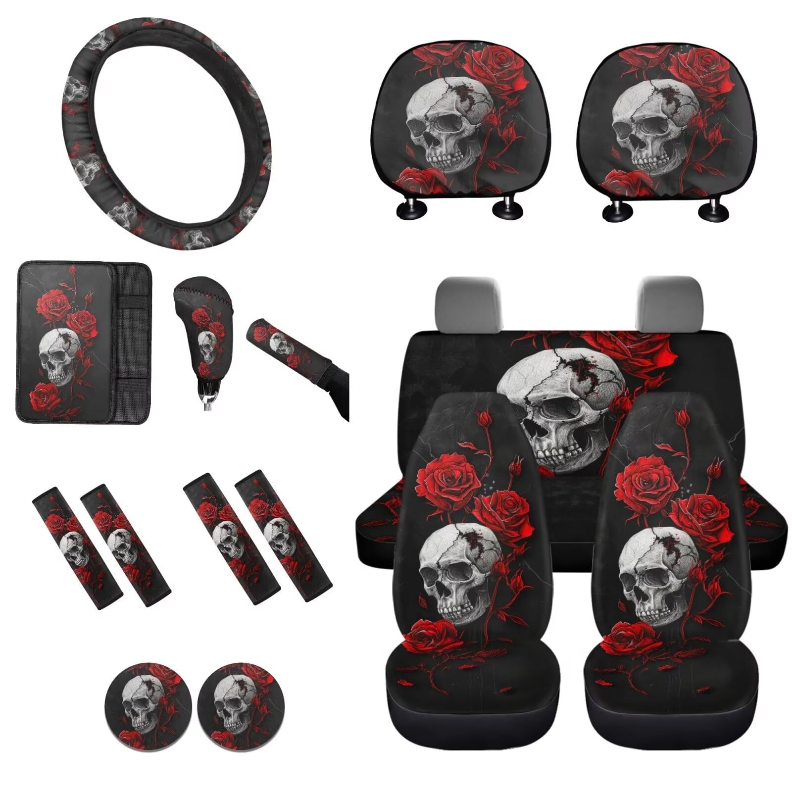 STUOARTE 16-teiliges Autozubehör-Set, Totenkopf-Rosen-Druck, Autositzschoner mit Lenkradbezug, Gurtbezug, Armlehnenpolster, Schaltbezug, Handbremsenbezug, universelle Passform für die meisten Autos, von STUOARTE