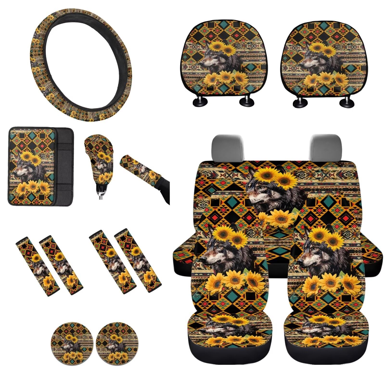 STUOARTE 16-teiliges Autozubehör-Set, Wolf, Sonnenblume, Azteken-Druck, universeller Autositzbezug, vollständiges Set für Auto, LKW, SUV, Lenkradbezug, Sicherheitsgurtpolster, Armlehnenbezug, von STUOARTE