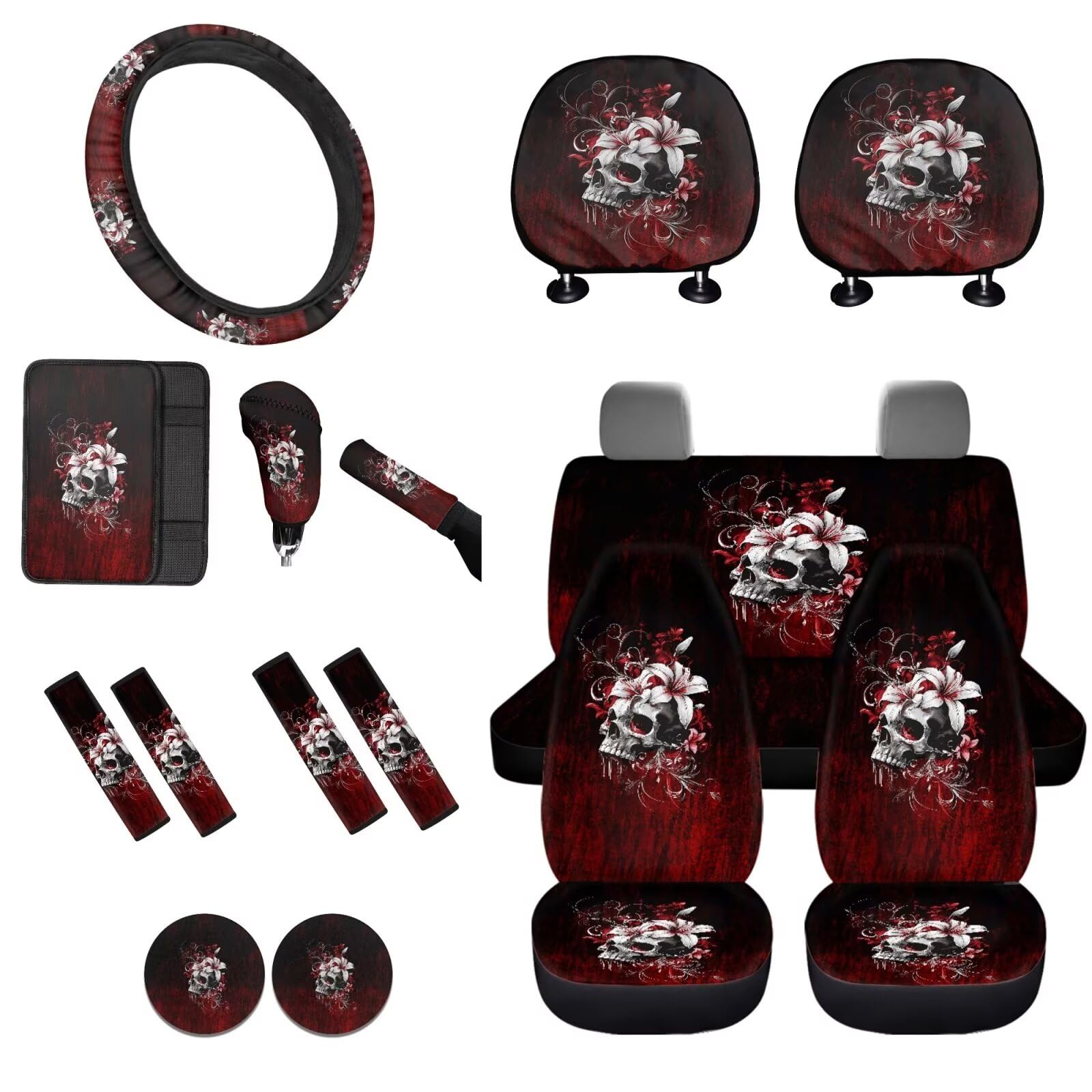 STUOARTE 16-teiliges Autozubehör-Set für Damen und Herren, Totenkopf-Blume, bedruckt, Vordersitzbezug für Autos, Lenkradbezug, Sicherheitsgurtbezüge, Armlehnenbezug, Sicherheitsgurtbezug, von STUOARTE