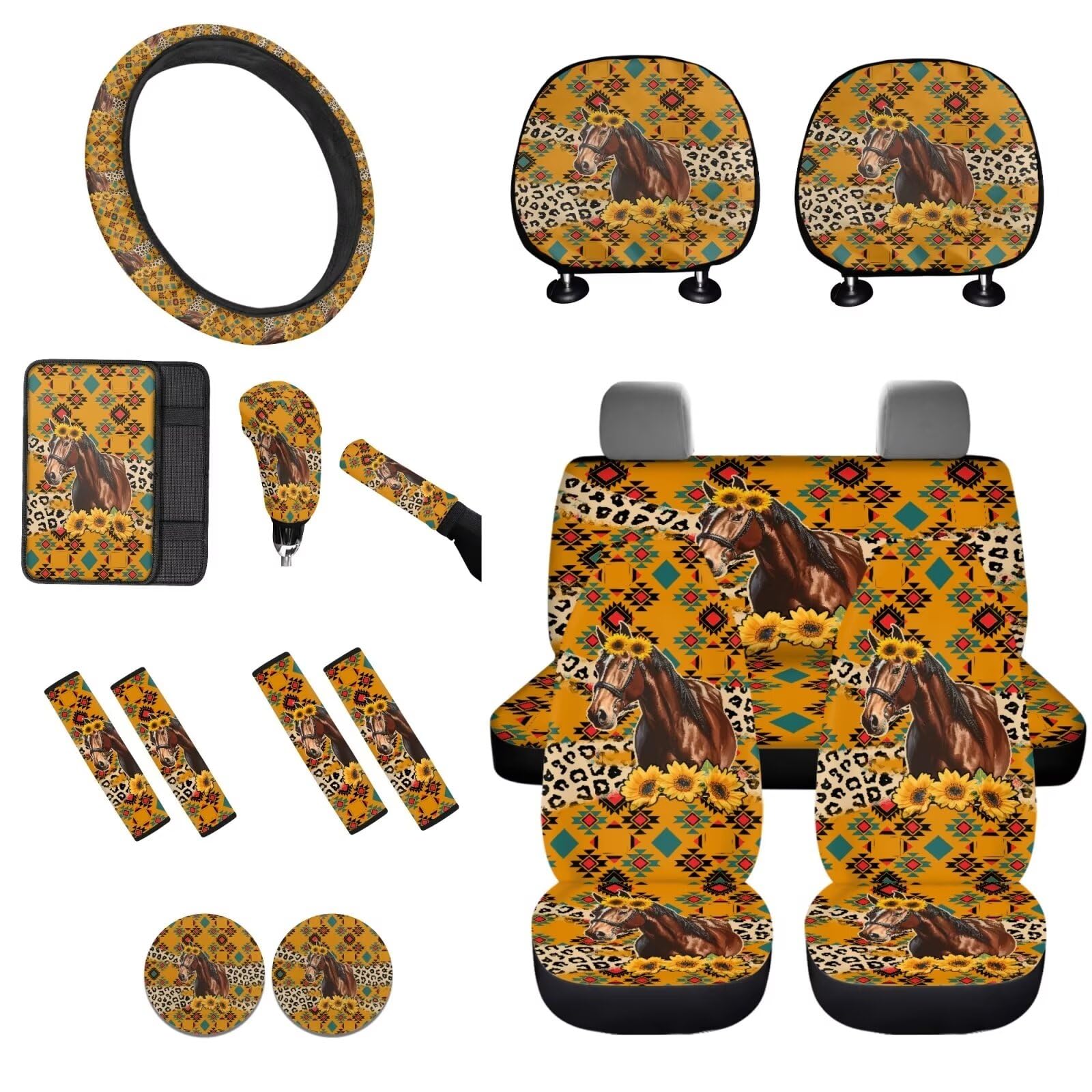 STUOARTE 16-teiliges Autozubehör-Sets, Pferd, Sonnenblume, Aztekenmuster, Autositzbezug mit Lenkradbezug, Sicherheitsgurtpolster, Mittelkonsole, Armlehnenbezug, Schalthebelbezug, Handbremsabdeckung, von STUOARTE