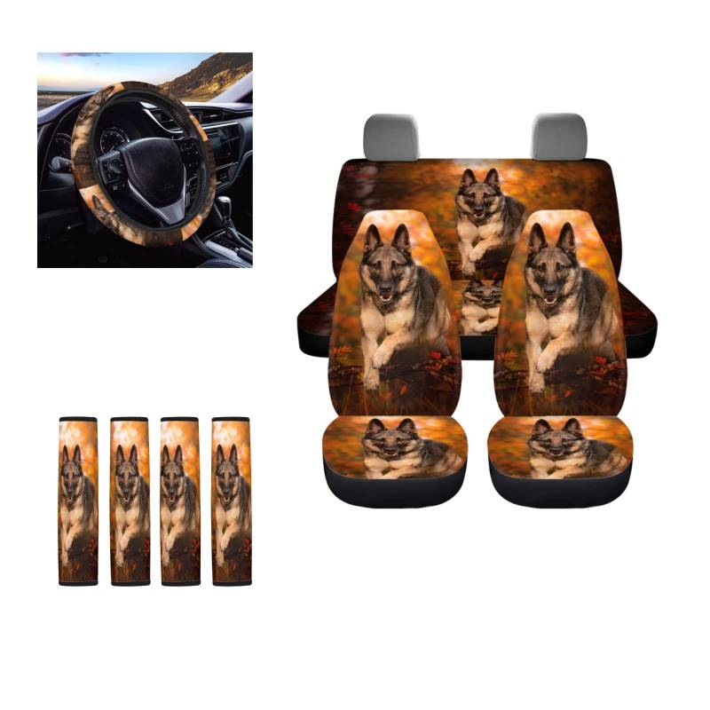 STUOARTE 3D Deutscher Schäferhund vorne und hinten geteilte Sitzbank Schonbezug Hund Druck Auto Zubehör Innenausstattung Set mit Sicherheitsgurtbezug, Lenkradbezug, Universal Fit für Autos, SUVs, LKW von STUOARTE