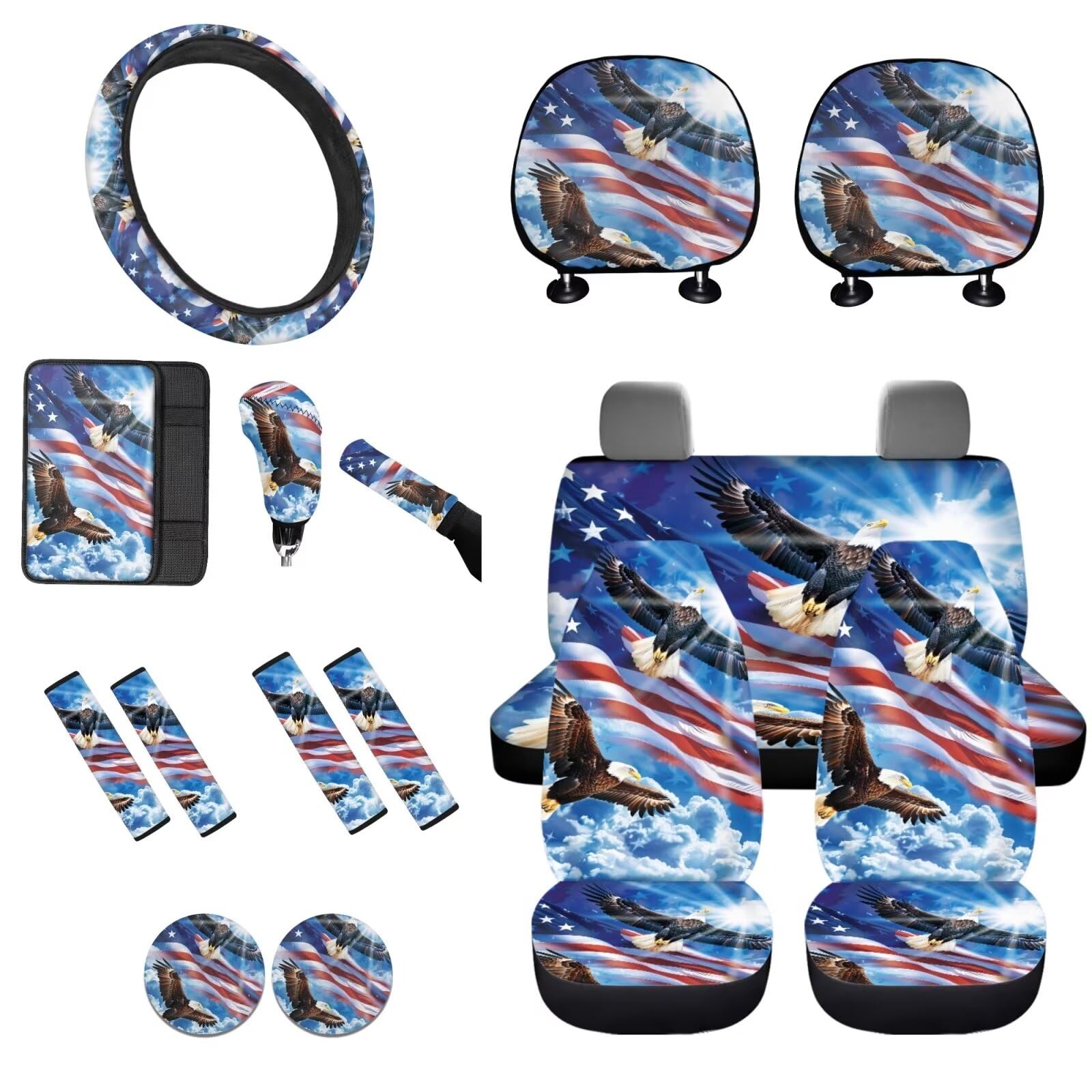 STUOARTE Adler Amerikanische Flagge Druck Auto Innenbezüge Set, Auto Vordersitzbezug mit Lenkradbezug, Armlehnenbezug, Sicherheitsgurtbezug, Schaltknaufbezug und Handbremsenbezug, 16-teilig von STUOARTE