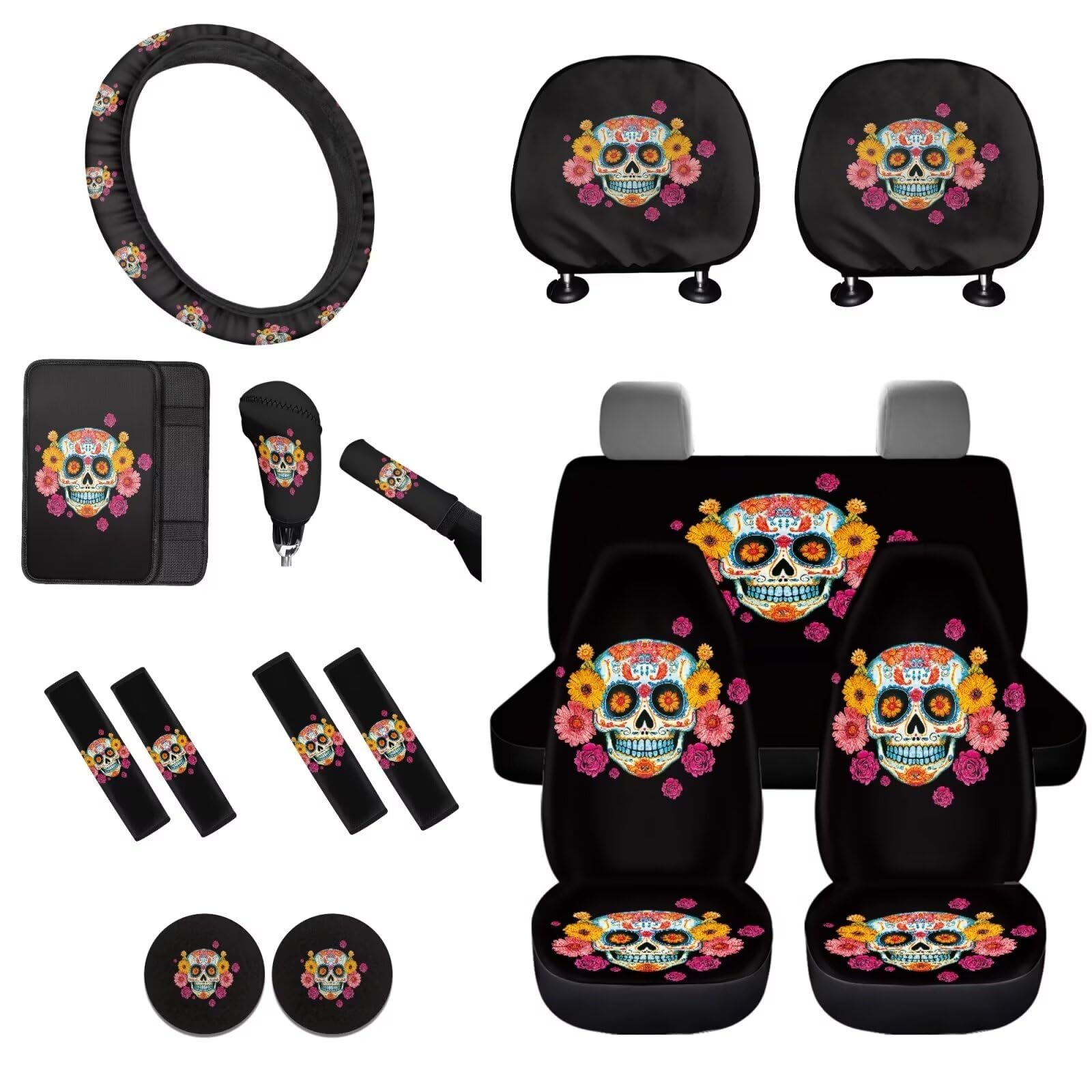 STUOARTE Auto-Innenbezug-Sets für Damen und Herren, Totenkopf-Blumendruck, Autositzbezug mit Lenkradbezug, Armlehne, Sicherheitsgurtbezug, universell passend für die meisten Autos, SUVs, LKWs, 16 von STUOARTE