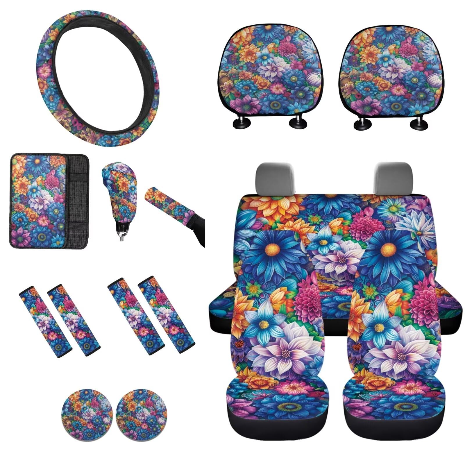 STUOARTE Auto-Innenbezug-Zubehör-Set, Sonnenblumen-Druck, Mandala-Blumendruck, Autositzbezug, komplettes Set, Lenkradbezug, Armlehnenpolster, Sicherheitsgurtbezug, universelle Passform für die meisten von STUOARTE