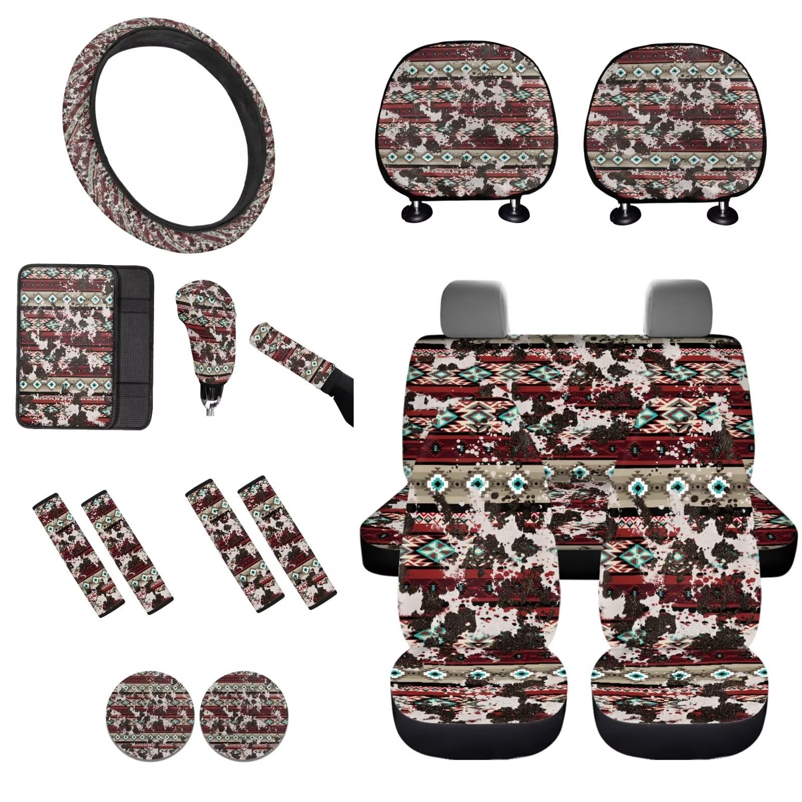 STUOARTE Auto-Innenzubehör-Set, Kuh-Aztekenmuster, Vordersitzbezug mit Lenkradbezug, Armlehne, Sicherheitsgurtbezug, Schalthebelbezug, Handbremsabdeckung, Auto-Untersetzer, 16-teilig von STUOARTE