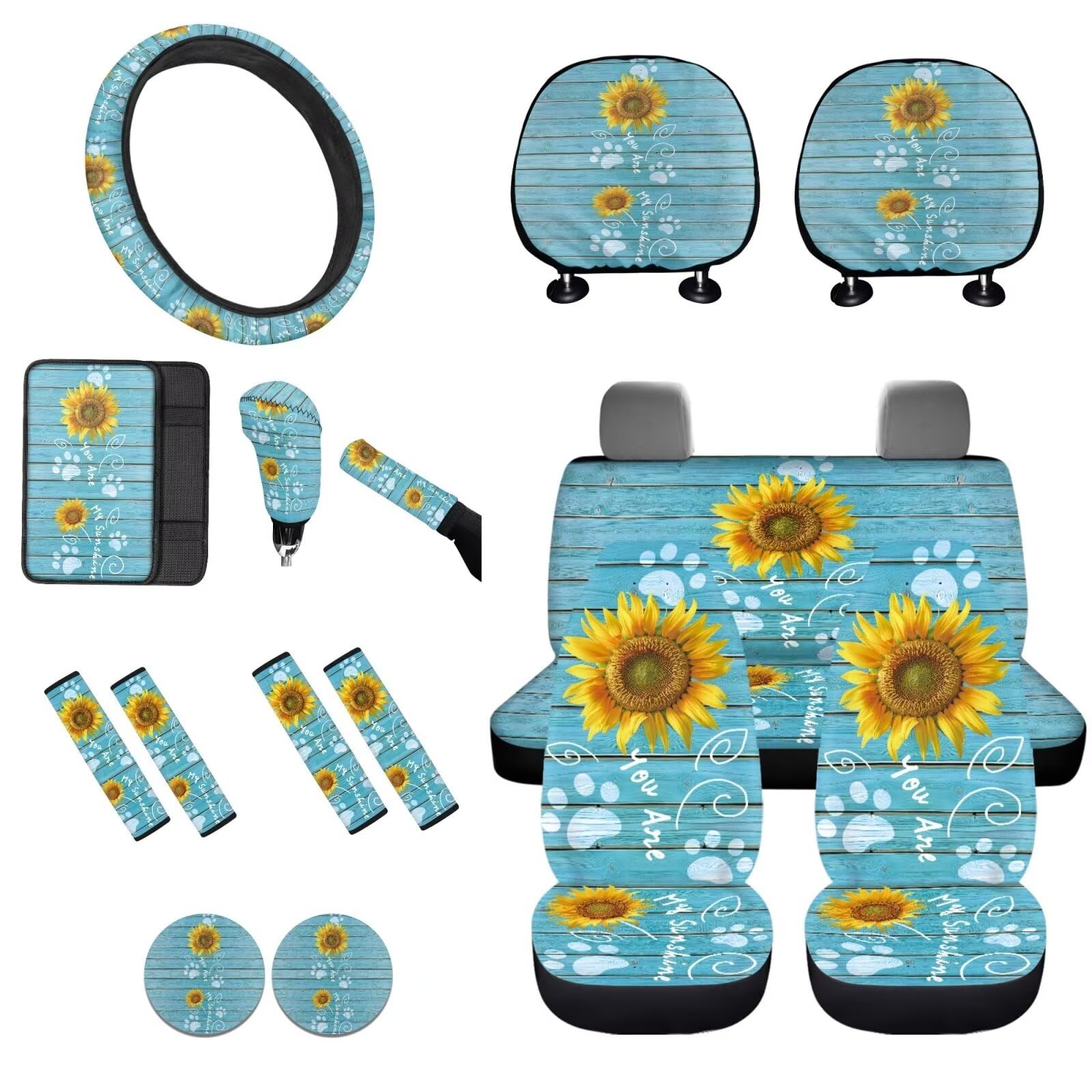 STUOARTE Auto-Innenzubehör-Set, Sonnenblumen-Druck, Hundepfotenabdruck, Vordersitzbezug, Lenkradbezug, Armlehnenbezug, Sicherheitsgurtpolster, Schaltknaufbezug, Handbremsenbezug, Auto-Kopfstützenbezug von STUOARTE