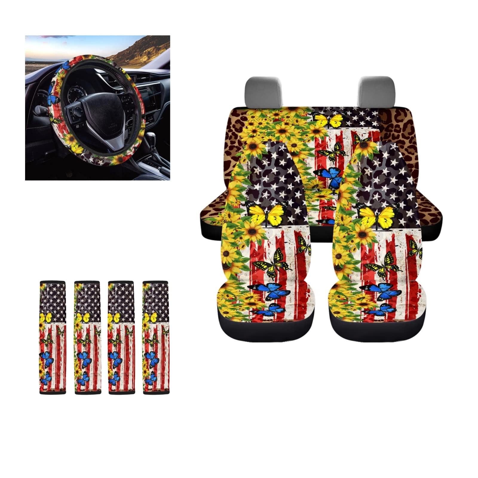 STUOARTE Auto-Sitzbezüge, Motiv: amerikanische Flagge, Sonnenblumen, Schmetterling, komplettes Set, universelle Passform, Kombi-Set mit Sonnenblumen-Lenkradbezug und Sonnenblumen-Gurtpolster für von STUOARTE