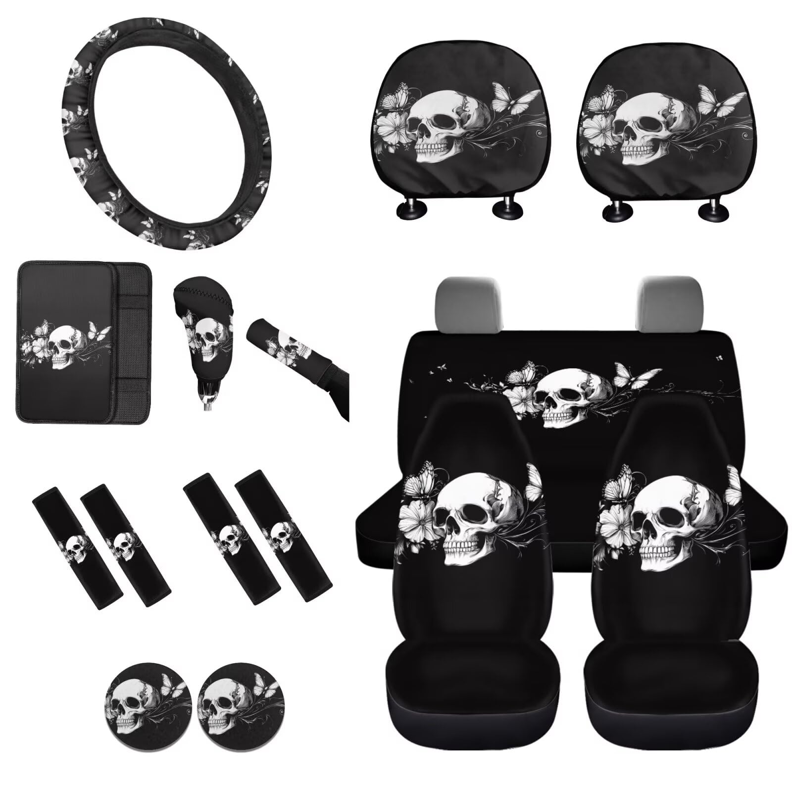 STUOARTE Autoinnenbezug-Set, Totenkopf-Blumendruck, Auto-Vordersitzbezug, Lenkrad-Abdeckung, Armlehnenbezug, Gurtbezug, Autositz-Kopfstützenbezug, Tassen-Untersetzer, universelle Passform, 16 Stück von STUOARTE