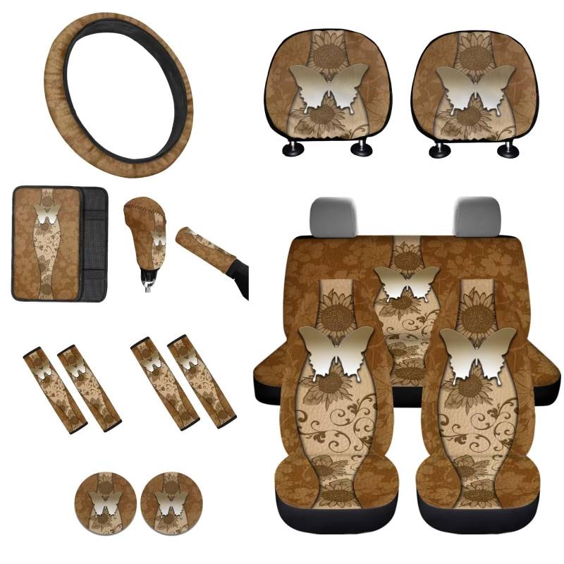 STUOARTE Autoinnenbezug-Sets mit Schmetterlings-Sonnenblumen-Druck, Autositzbezug mit Lenkradbezug, Gurtpolster, Mittelkonsole, Auto-Handbremsabdeckung, Schalthebelbezug, einfach zu installieren, 16 von STUOARTE