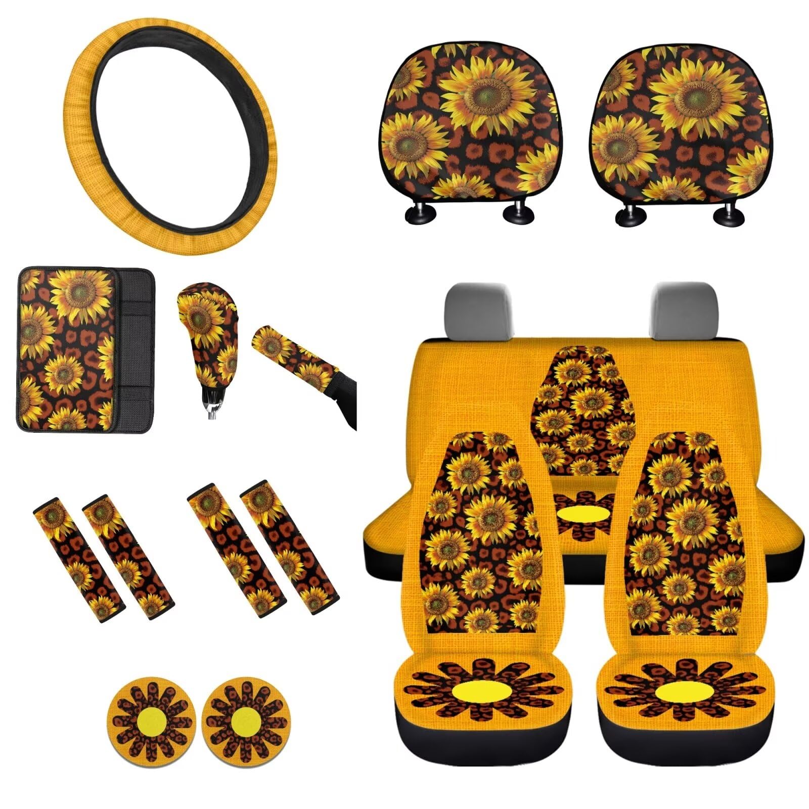 STUOARTE Autoinnenzubehör-Set, Sonnenblumen-Leopardenmuster, Vorder- und Rücksitzbezug mit Lenkradbezug, Armlehnenbezug, Sicherheitsgurtbezug, Schaltknauf, Handbremsabdeckung, Untersetzer, 16 Stück von STUOARTE