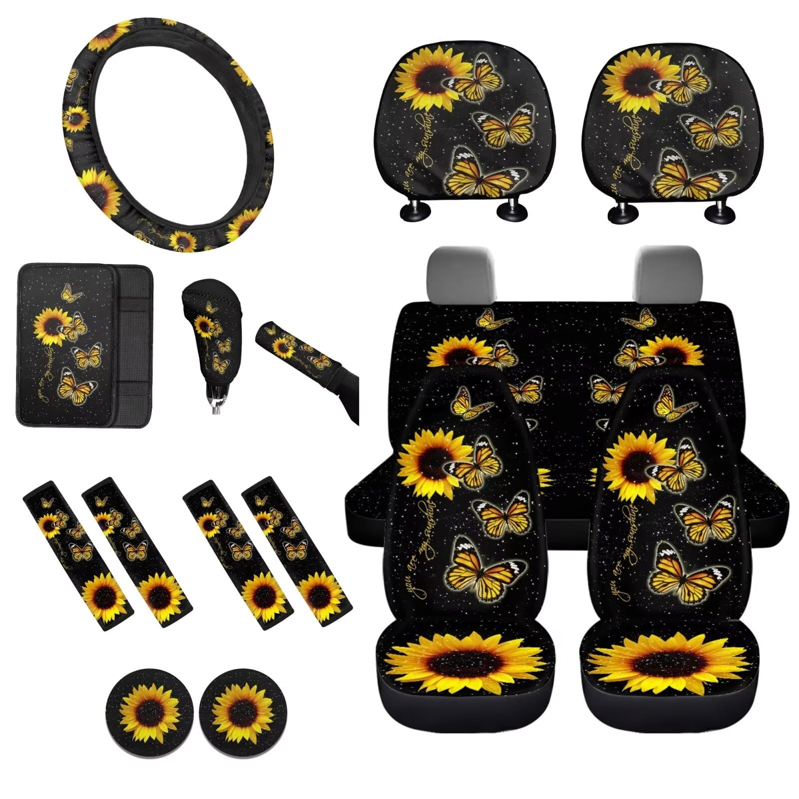 STUOARTE Autositzbezüge, komplettes Set, Sonnenblumen-Schmetterlings-Druck, Autozubehör, Lenkradbezug, Gurtpolster, Armlehnenbezug, Kopfstützenbezug, universell passend für die meisten Autos, SUVs, von STUOARTE