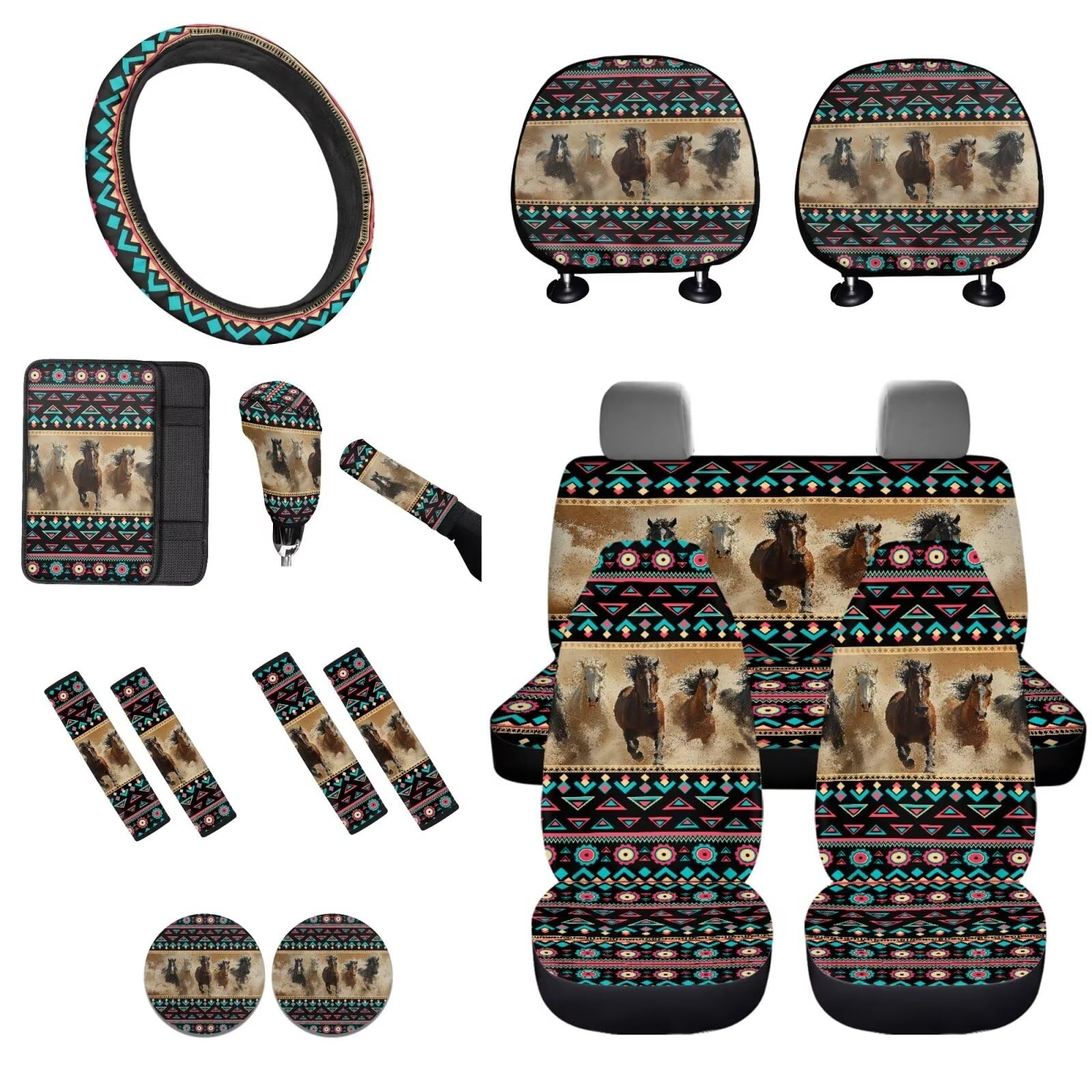 STUOARTE Autositzbezüge mit Pferde-Aztekenmuster, komplettes Set, Vorder-/Rücksitzbezug, Lenkradbezug, Armlehnenpolster, Sicherheitsgurtbezug, Schalthebelbezug, Handbremsbezug, Auto-Kopfstützenbezug, von STUOARTE