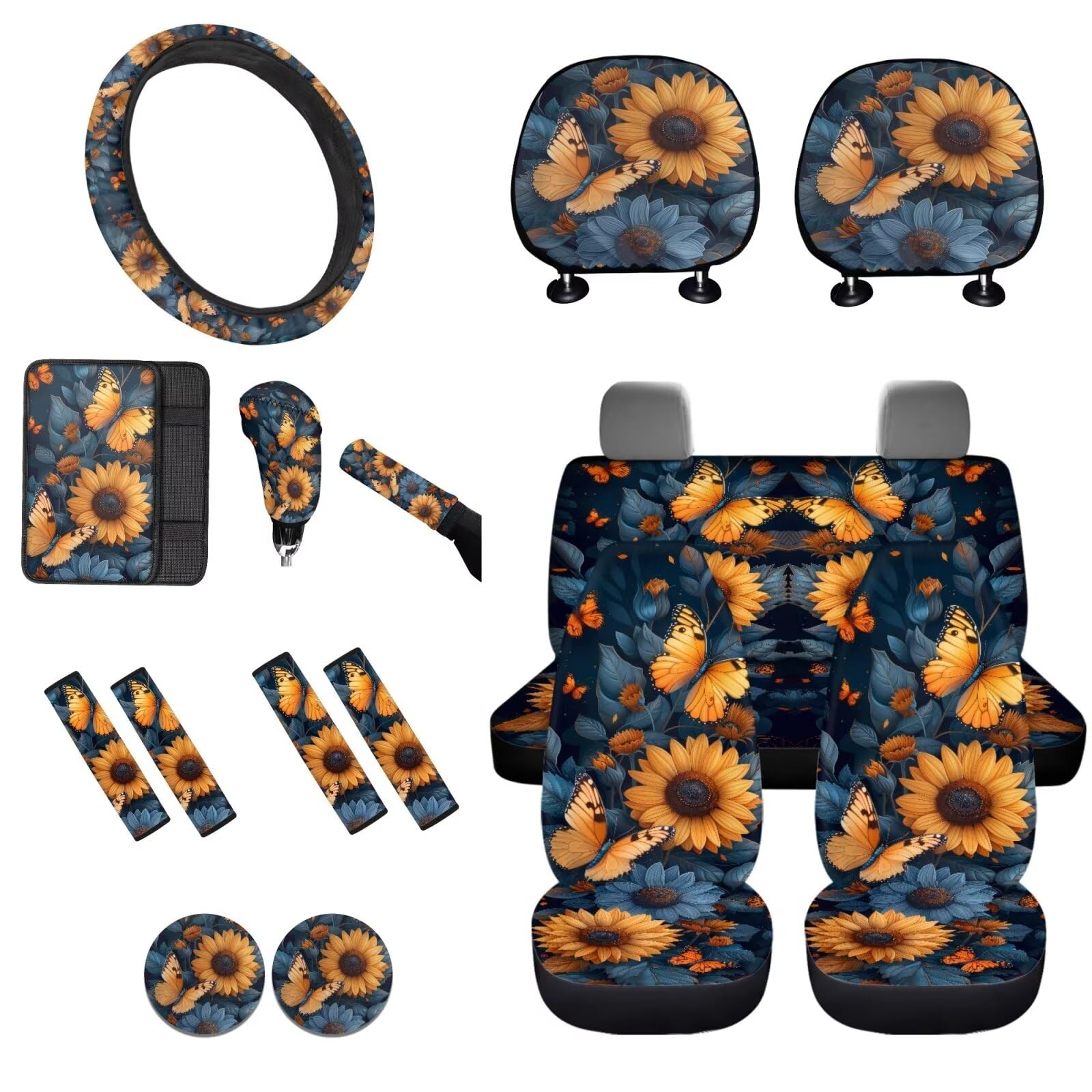 STUOARTE Autositzbezüge mit Schmetterlings-Sonnenblumen-Druck, komplettes Set, Lenkradbezug, Armlehnenbezug, Sicherheitsgurtpolster, Auto-Schalthebelbezug, Auto-Handbremsenbezug, Untersetzer, von STUOARTE