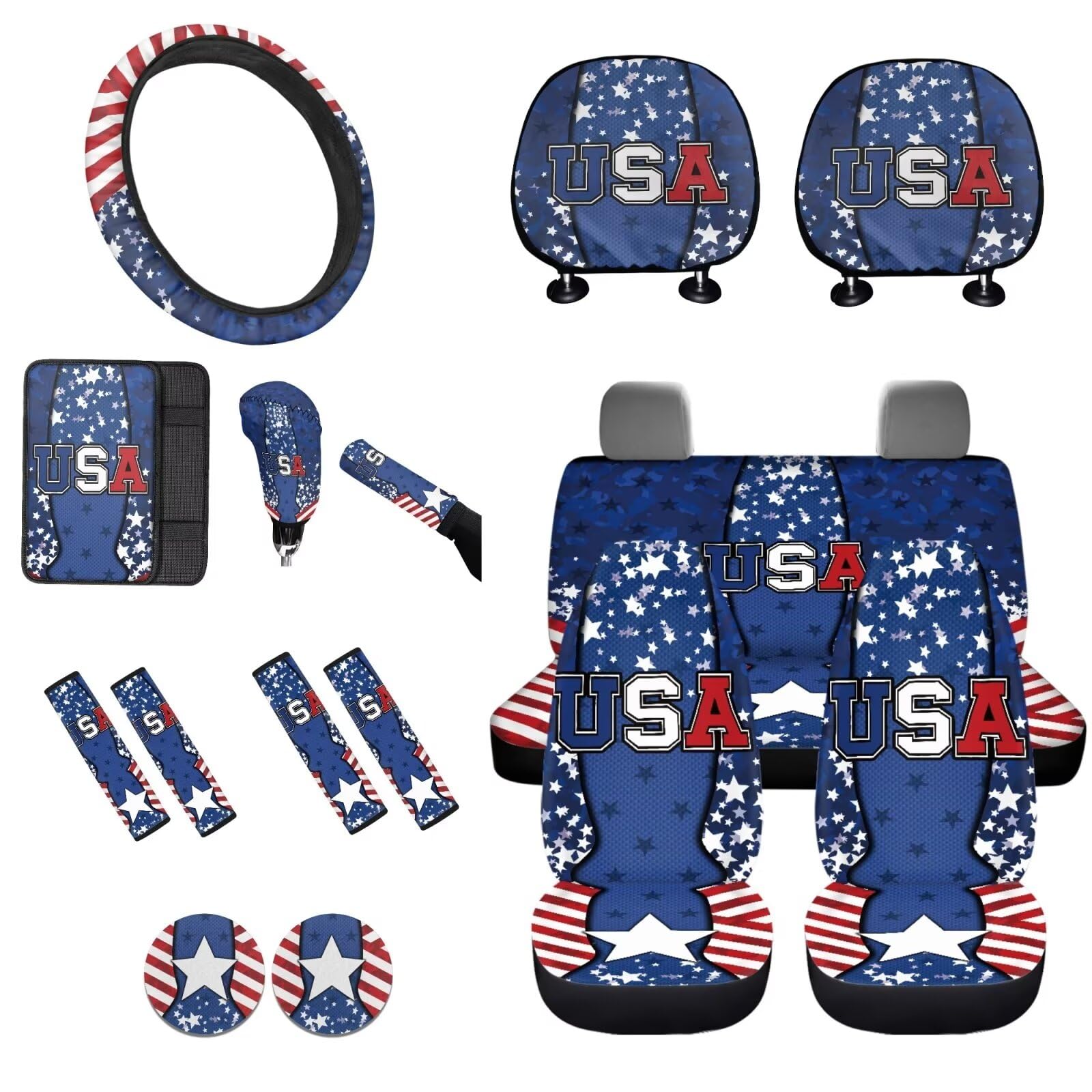 STUOARTE Autositzbezüge mit amerikanischer Flagge, komplettes Set, Vordersitzbezug, Lenkradbezug, Armlehnenpolster, Sicherheitsgurtbezug, Schalthebelbezug, Handbremsbezug, Auto-Kopfstützenbezug, von STUOARTE