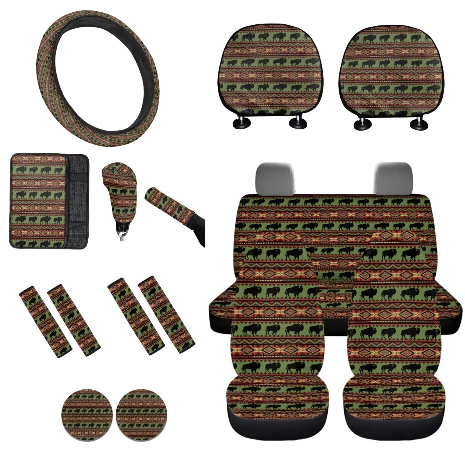 STUOARTE Autositzbezug, komplettes Set, Azteken-Tribal-Druck, Vordersitzbezug, Lenkradbezug, Armlehnenbezug, Sicherheitsgurtbezug, Schalthebelbezug, Handbremsbezug, Auto-Kopfstützenbezug, Untersetzer, von STUOARTE