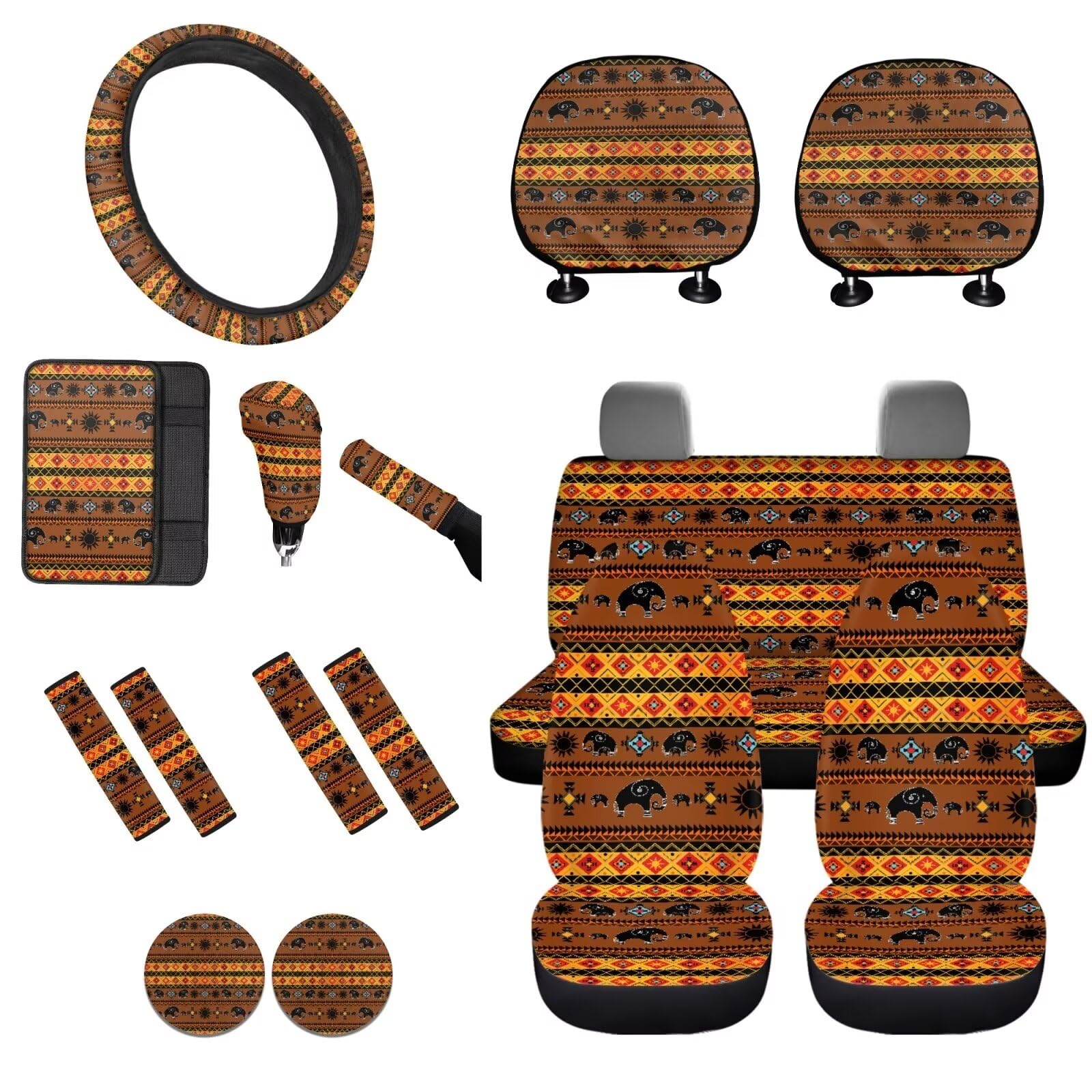 STUOARTE Autositzbezug mit Azteken-Tribal-Druck, vollständiges Set, 16-teilig, Autositzbezug mit Lenkradbezug, Autositzbezüge, Sicherheitsgurtpolster, Mittelkonsole, Armlehnenpolster, von STUOARTE