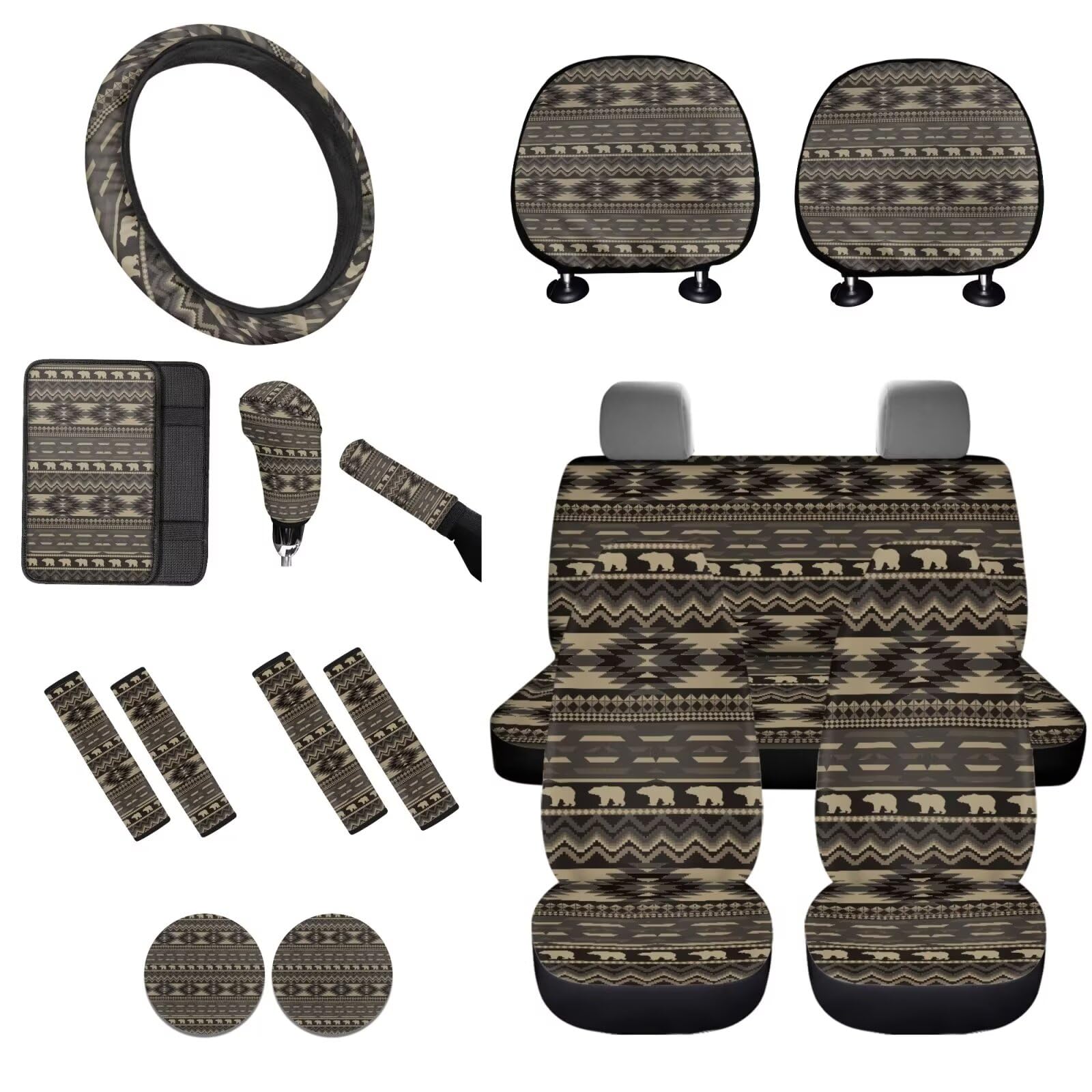 STUOARTE Autositzbezug mit Aztekenmuster, 16-teilig, komplettes Set, Lenkradbezug, Mittelkonsolenbezug, Sicherheitsgurtbezug, Handbremsschutz, Kopfstützenbezug, Schalthebelbezug, Auto-Innenzubehör von STUOARTE