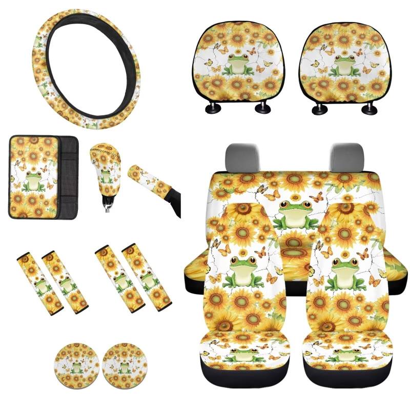 STUOARTE Autositzbezug mit Frosch-Motiv, 16-teilig, Sonnenblumen-Schmetterlings-Druck, Autositzbezug mit passendem Lenkradbezug und Sicherheitsgurtbezug, Untersetzer, universell passend für die von STUOARTE