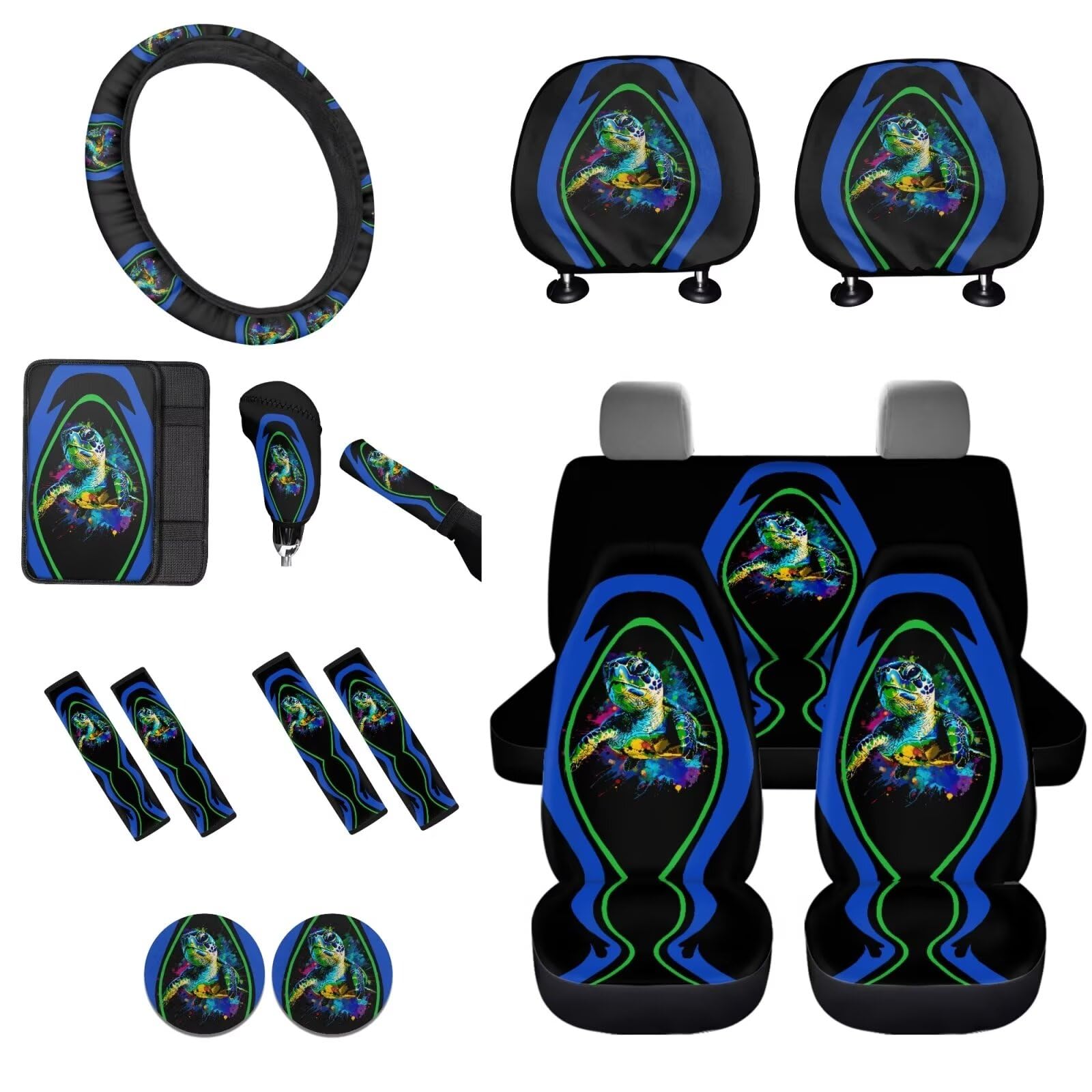 STUOARTE Autositzbezug mit Meeresschildkröten-Druck, komplette Sätze von 16 Stück, Auto-Vordersitzbezug, Lenkradbezug, Sicherheitsgurtbezug, Armlehnenbezug, Auto-Schaltknauf-Abdeckung, von STUOARTE