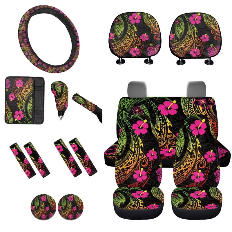 STUOARTE Autositzbezug mit Polynesischem Hibiskusdruck, komplettes Set mit 16 Stück, Blumendruck, Vorder- und Rücksitzbezug, Armlehnenpolster, Lenkradbezug, Sicherheitsgurtpolster, Autositzbezug, von STUOARTE