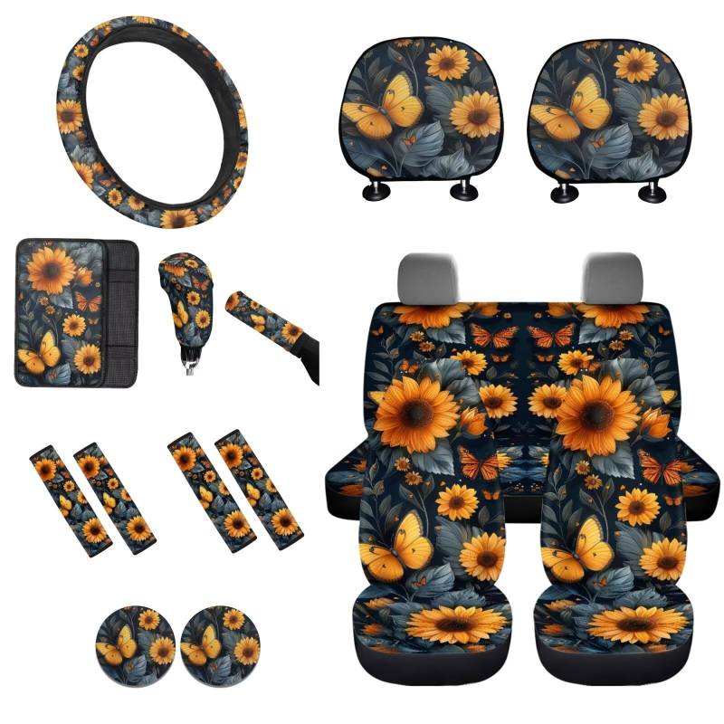 STUOARTE Autositzbezug mit Schmetterlings-Sonnenblumen-Druck, komplettes Set für Damen und Herren, Auto-Vordersitzbezug mit Lenkradbezug, Auto-Handbremsenbezug und Schaltbezug, Auto-Innenzubehör, von STUOARTE