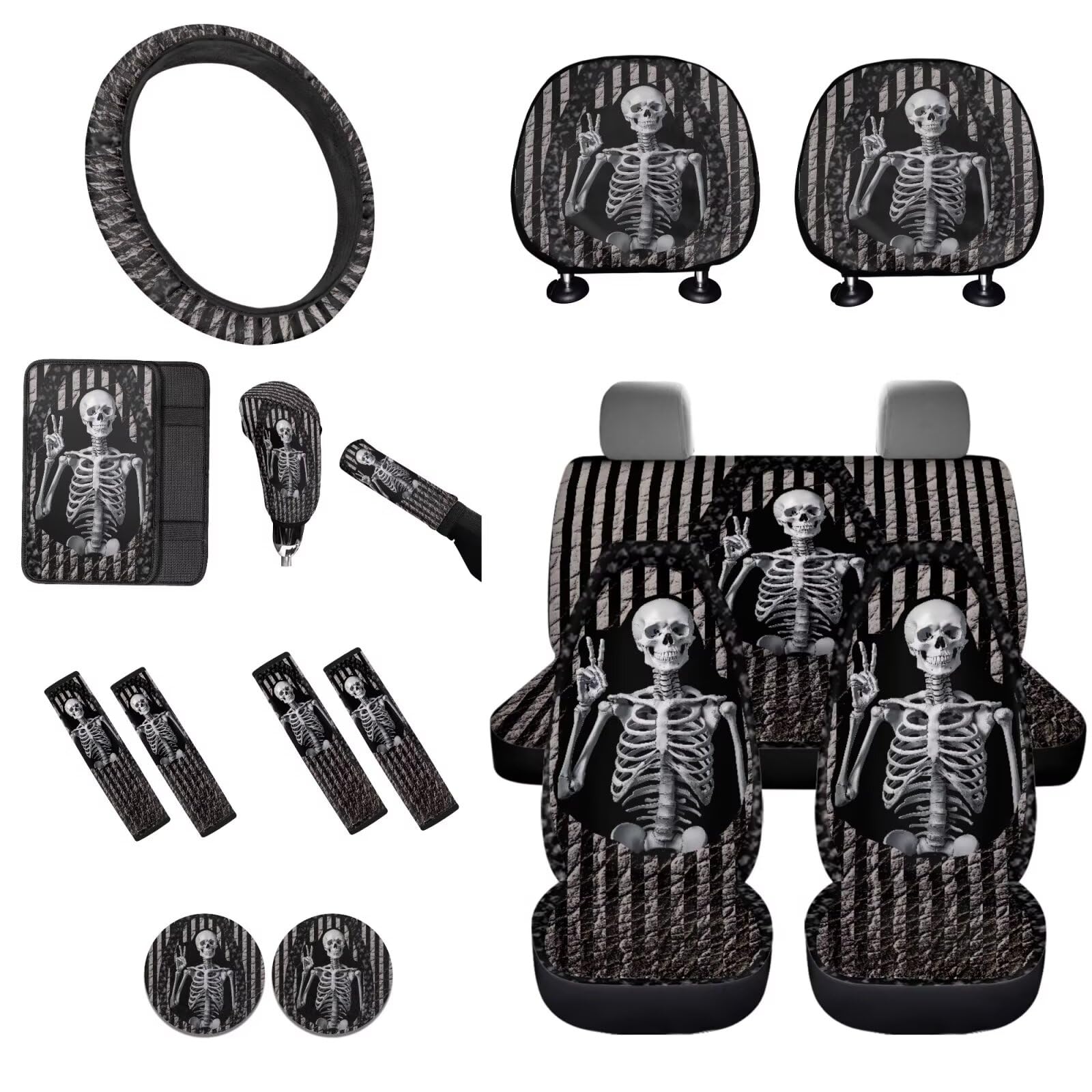 STUOARTE Autositzbezug mit Totenkopf-Streifen, komplettes Set, 16-teilig, inklusive Vordersitzbezug, Lenkradbezug, Sicherheitsgurtpolster, Armlehnenbezug, Schaltknaufbezug, Handbremsenbezug, von STUOARTE