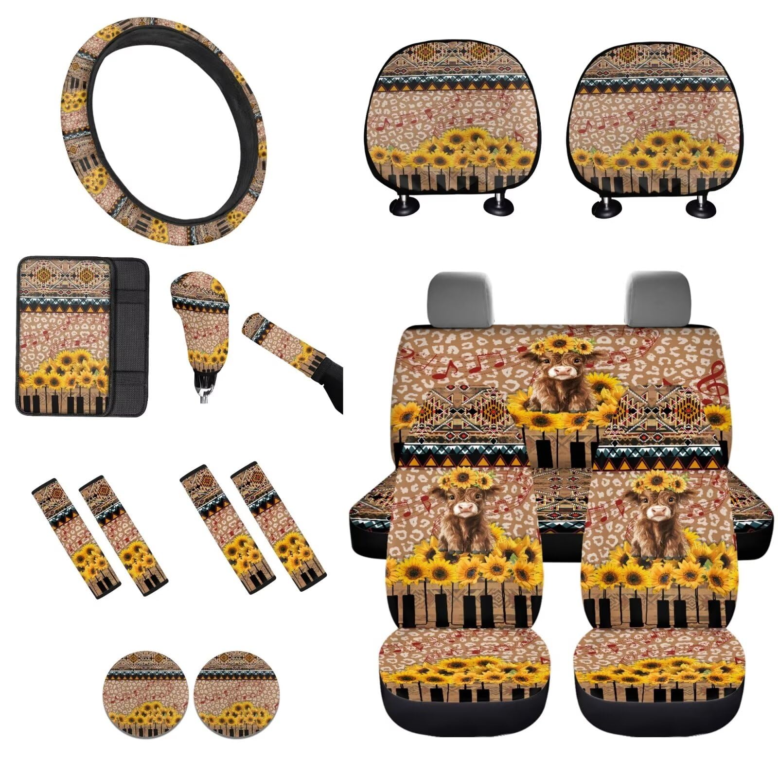 STUOARTE Autozubehör-Set, Motiv: Highland Cow bedruckt, Sonnenblumen-Aztekenmuster, Vordersitzbezug mit Lenkradbezug, Armlehnenbezug, Schultergurt, Kopfstützenbezug, Untersetzer, 16-teilig von STUOARTE