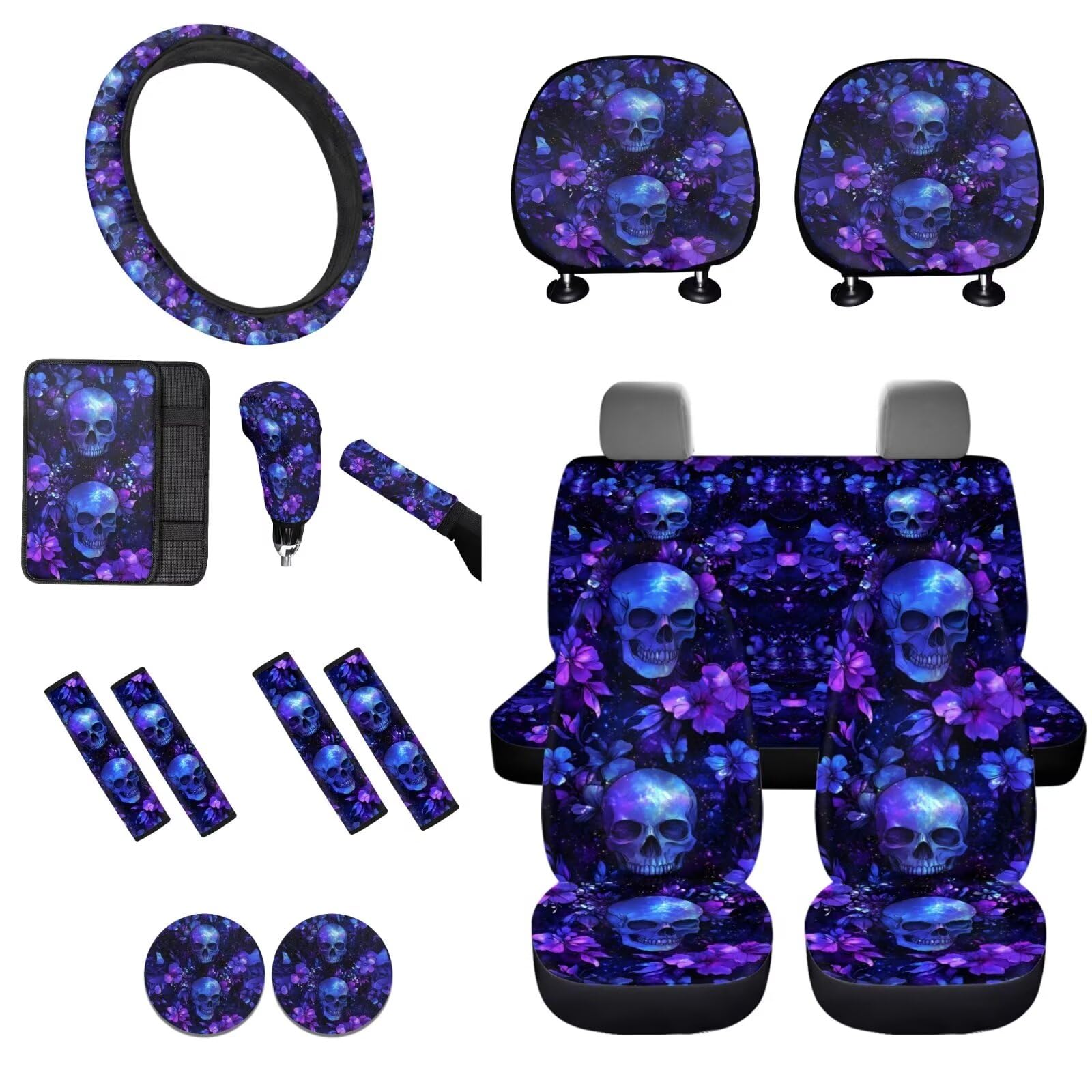 STUOARTE Autozubehör-Set für Damen, Totenkopf-Blumen-Druck, Autositzbezug mit Lenkradbezug, Sicherheitsgurtbezug, Armlehnenbezug, Schaltknauf, Handbremsabdeckung, Auto-Untersetzer, 16-teilig von STUOARTE