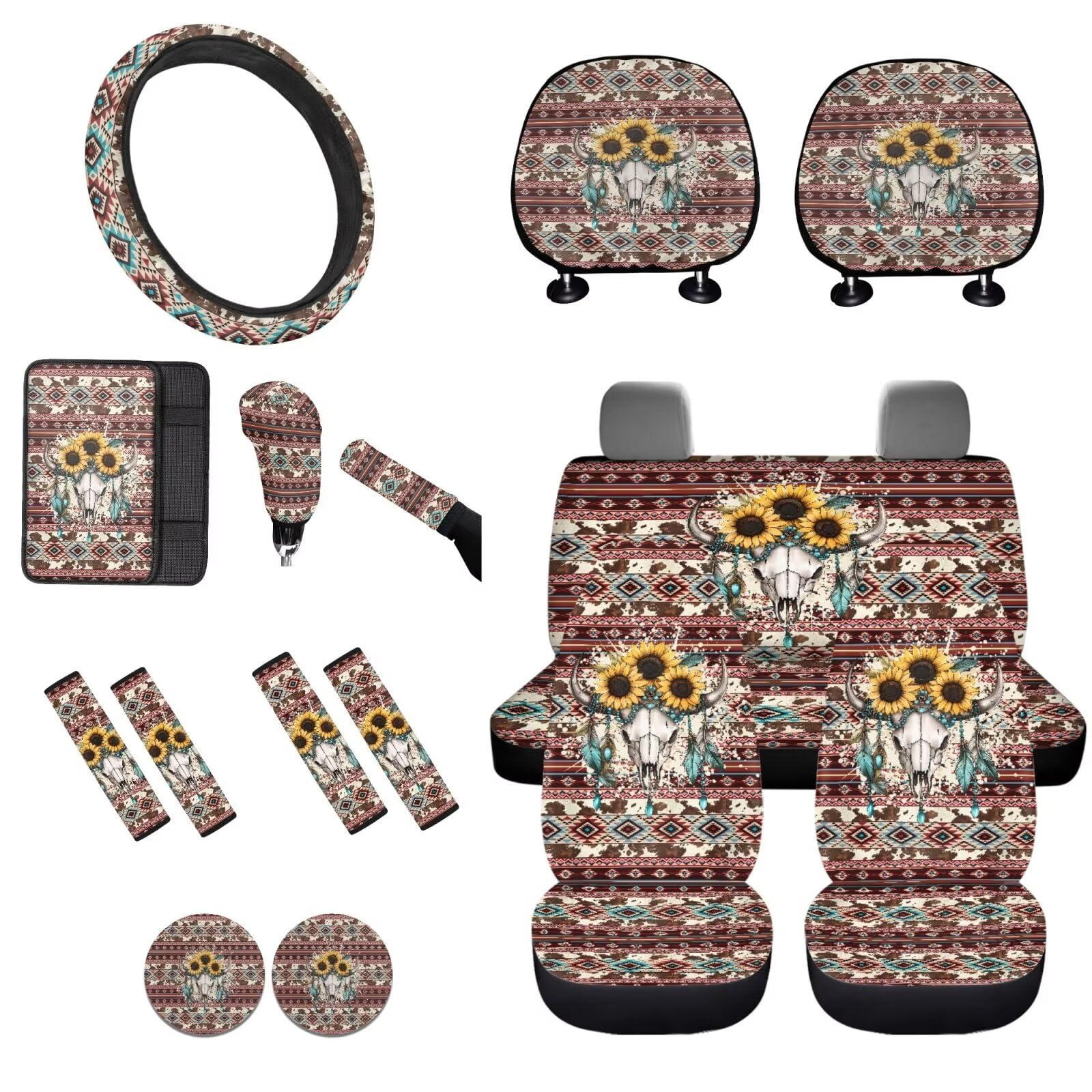 STUOARTE Autozubehör-Set mit Kuh-Aztekenmuster, Motiv: Hirsch, Sonnenblume, komplettes Set mit passendem Lenkradbezug, Armlehnenpolster, Sicherheitsgurtbezug, Kopfstützenbezug, Untersetzer, universell von STUOARTE