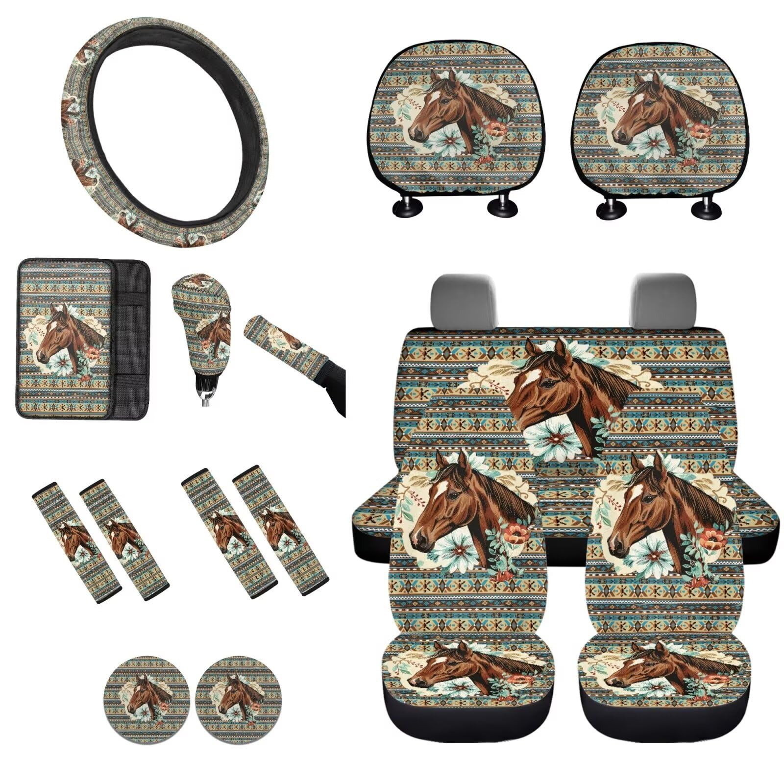 STUOARTE Autozubehör-Set mit Pferdeblumendruck, Azteken-Tribal-Druck, Vordersitzbezug, Lenkradbezug, Mittelkonsolenbezug, Sicherheitsgurtpolster, Auto-Kopfstützenbezug, Untersetzer, 16 Stück, einfach von STUOARTE