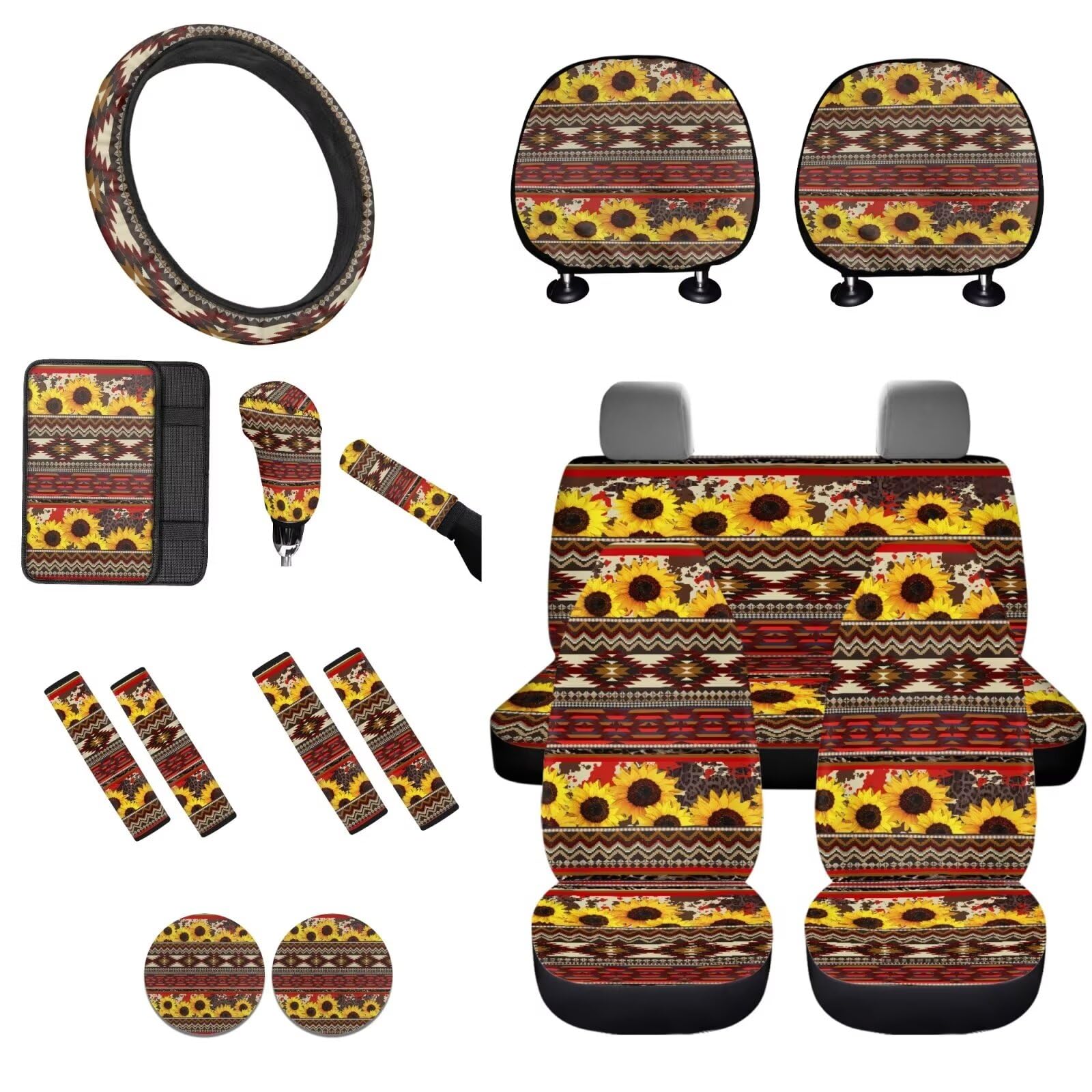 STUOARTE Autozubehör-Sets, Sonnenblumen-Azteken-Druck, Autositzbezug mit Lenkradbezug, Armlehnenbezug, Sicherheitsgurtbezug, Schaltknauf-Abdeckung, Handbremsabdeckung, Autositzbezüge, Autositzbezüge, von STUOARTE