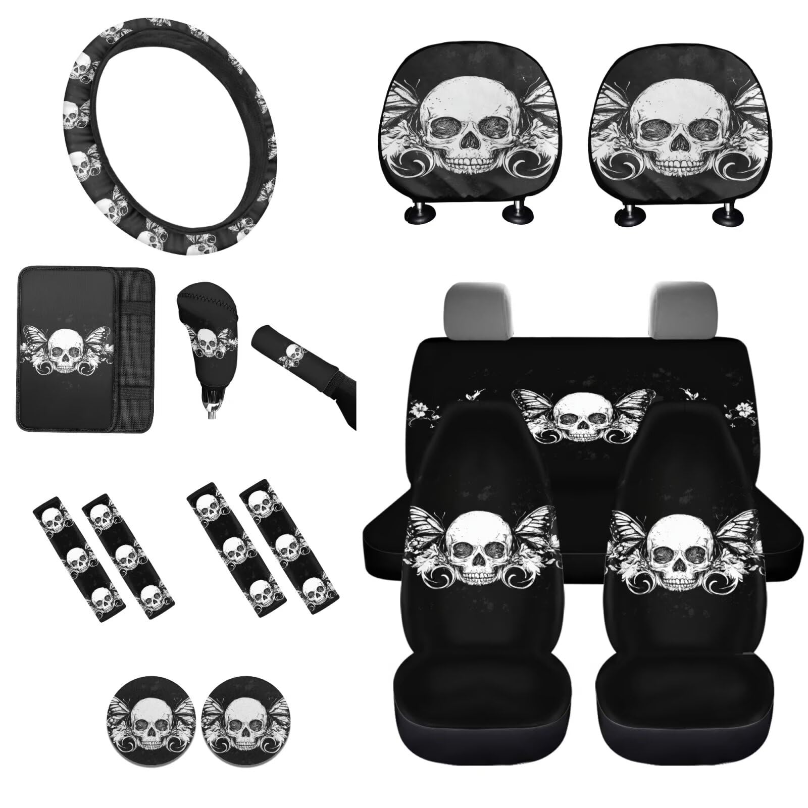 STUOARTE Autozubehör-Sets, Totenkopf-Schmetterling-Druck, Vordersitzbezug, Lenkradschutz, Sicherheitsgurtbezug, Armlehnenbezug, Auto-Schalthebelbezug, Auto-Handbremsabdeckung, Tassen-Untersetzer, 16 von STUOARTE