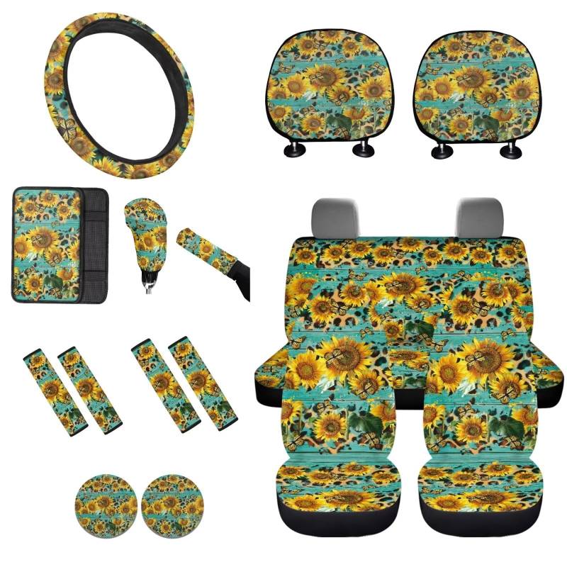 STUOARTE Autozubehör-Sets mit Sonnenblumen-Schmetterlings-Druck, 16-teilig, inklusive Auto-Vordersitzbezug, Lenkradbezug, Sicherheitsgurtpolster, Armlehnenpolster, Schalthebelbezug, von STUOARTE